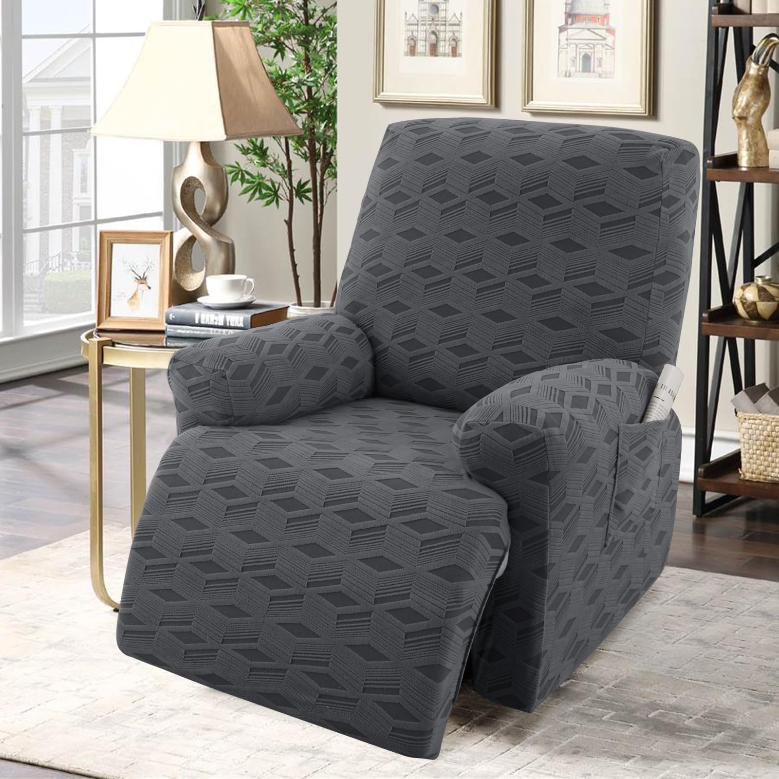 OKYUK Fundas para sillas reclinables, Funda elástica de Jacquard reclinable, Protector de Muebles para niños y Mascotas, Fundas Antideslizantes para reclinables con Bolsillos Laterales para