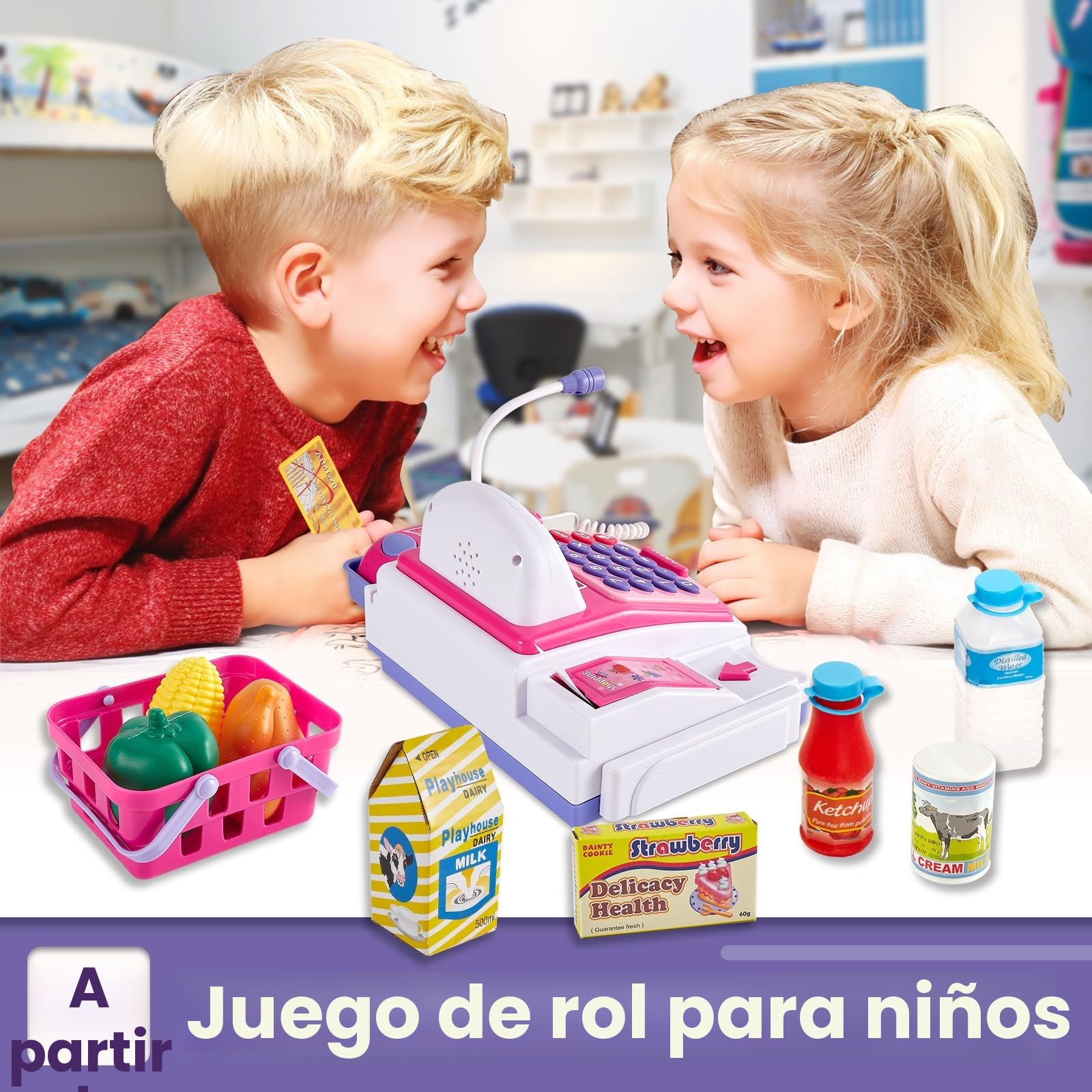 BUYGER Caja Registradora Juguete para Niño con Escáner Realista, Tarjetas y Dinero de Juguete, Juego de Imitación Supermercado con Impresora de Recibos, Juguete Educativo para Niños y Niñas de 3+ Años