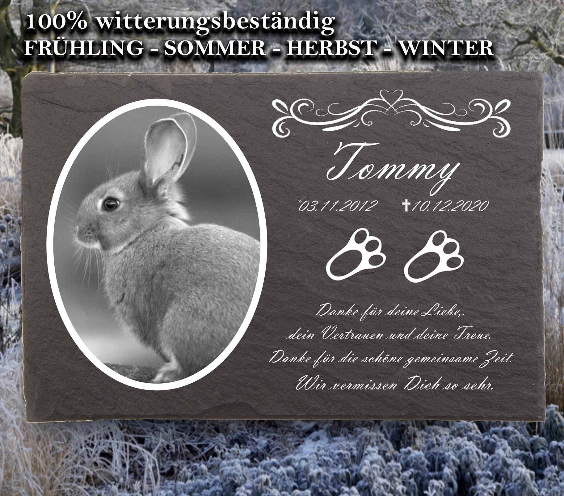 Tiergrabstein Kaninchen mit Foto, Gedenksteine für Kaninchen mit Pfoten mit personalisierter Gravur, Kaninchen Gedenksteine aus Naturschiefer 20x30 cm