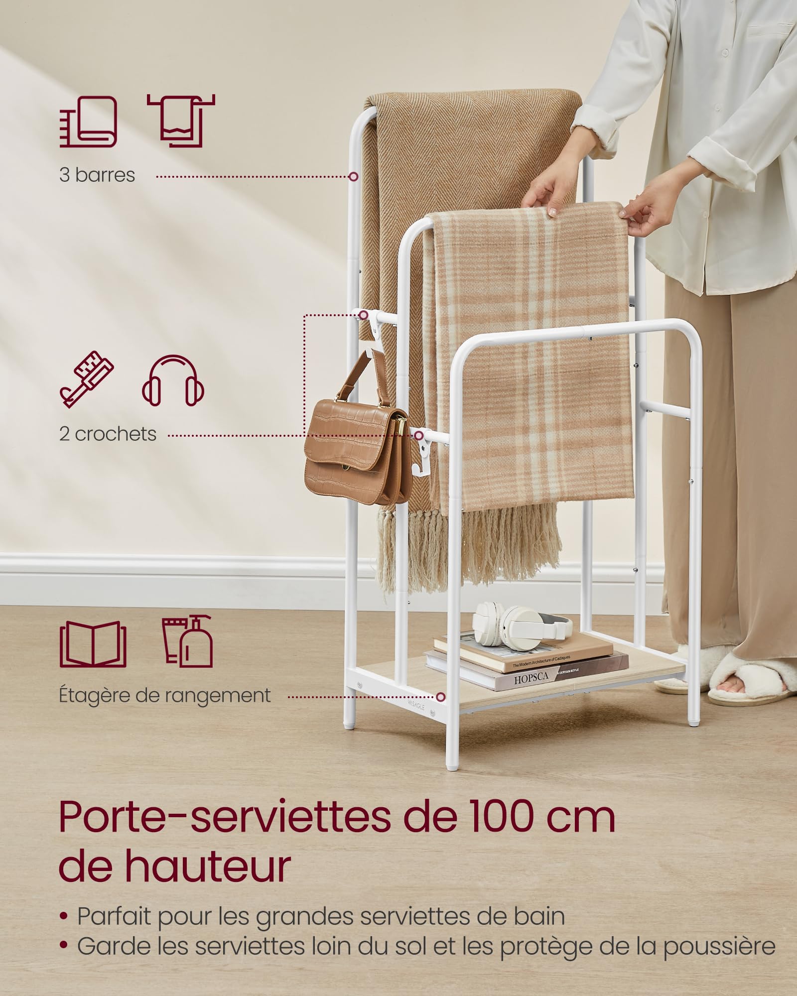 VASAGLE Porte Serviette Salle de Bain, Range Serviette, sur Pied, 3 Barres, 50 x 30 x 100 cm, 2 Crochets, Étagère de Rangement, Blanc Mat et Beige Naturel LLS009W01
