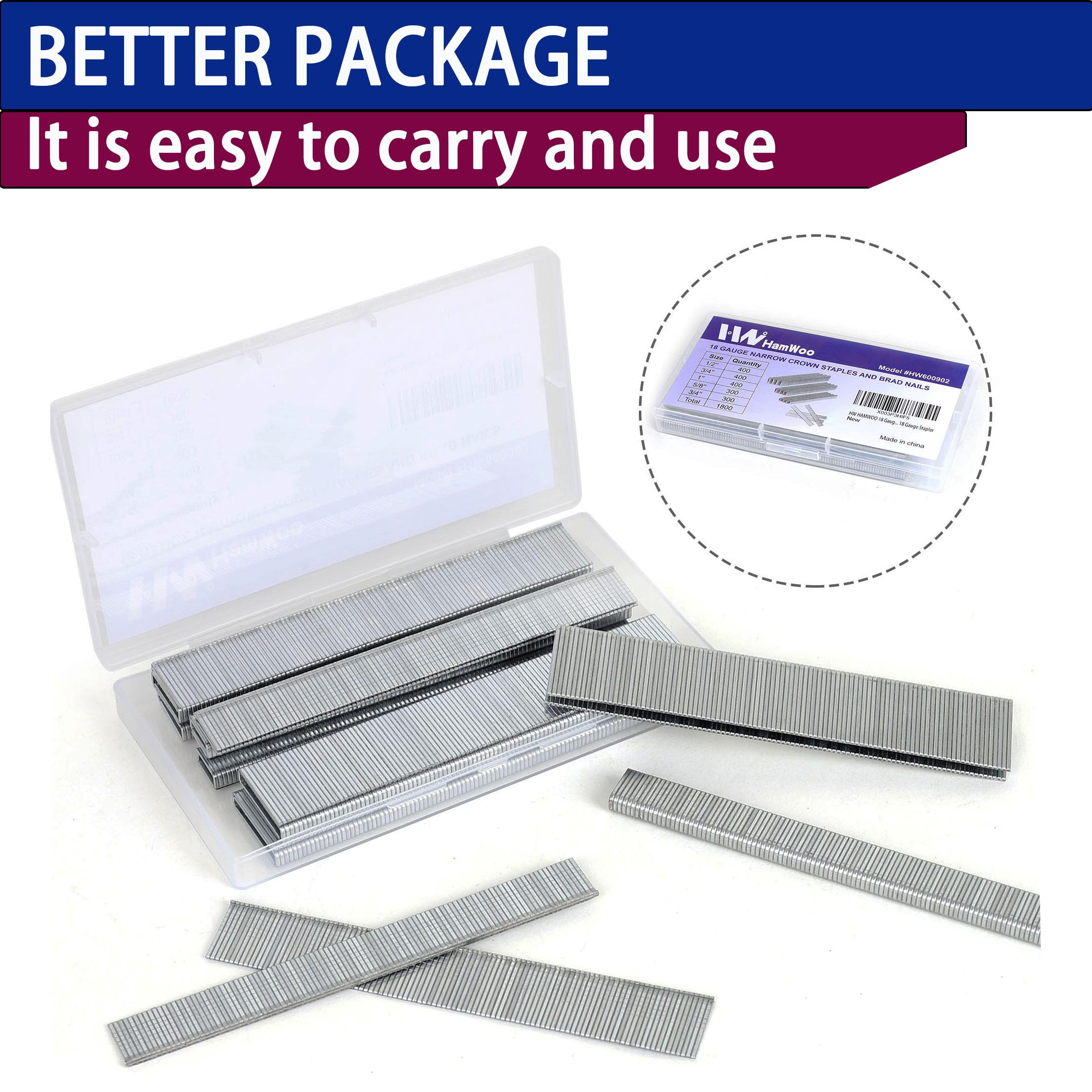 HW HAMWOO Calibre 18 1800 unidades, grapas de corona estrecha de 1/4 pulgadas (1/2 pulgadas - 400; 3/4 pulgadas - 400; 1 - 400) y clavos (5/8"-300,3/4"-300), adecuado para la mayoría de marcas de