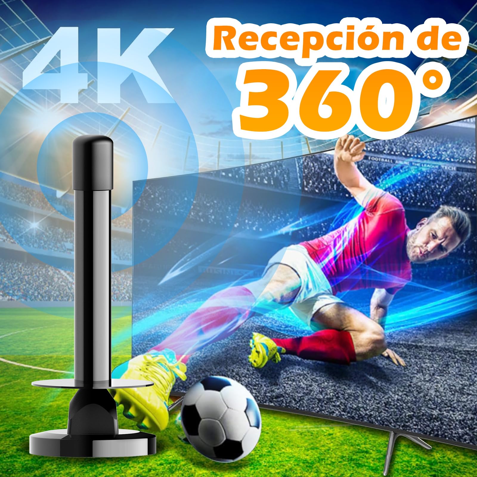 Antena TV Interior Potente con Amplificador – Antena TDT HD 4K/1080p, Recepción 360° Estable, Base Magnética Fuerte, Instalación Rápida, Compatible DVB-T2/DVB-T, Sin Suscripción