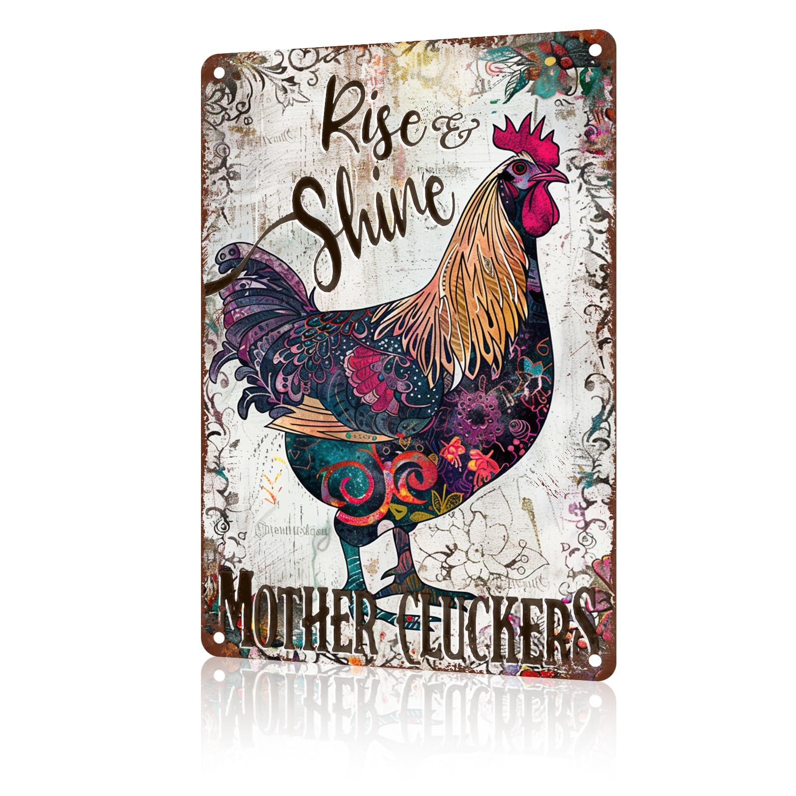 Anceky Vintage Tin Signs Rise Shine Mother Cluckers Funny Chicken Metal Sign Funny Animal Aluminum Sign Wall Decor for Kitchen Home Outdoor Bedroom Bathroom Bar 12×8 Inch