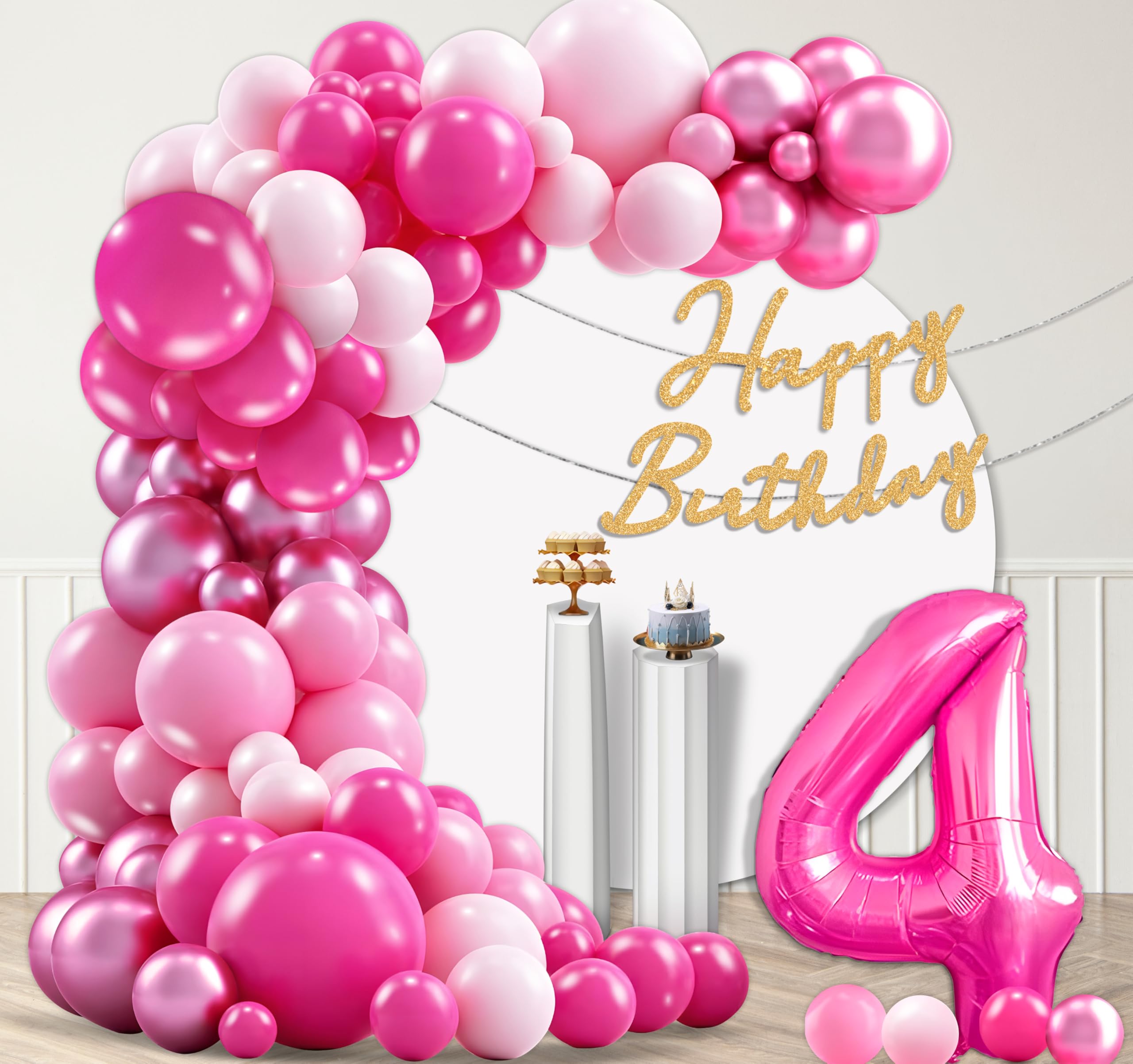 Pink Birthday Balloon Arch Garland Kit - Hot Pink Metallic Pink Balloons Happy Birthday Banner Party Decorations for Girl Princess(4 Years Old)