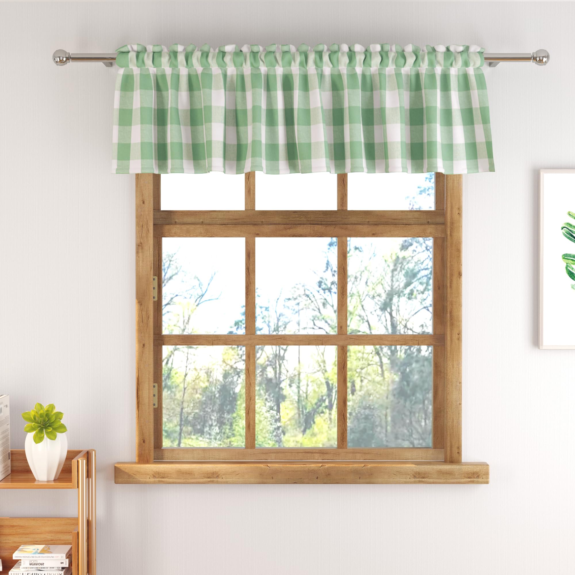 Buffalo Check Plaid Christmas Valances Gingham 1 Pack Tiers Rod Pocket Green and White Short Curtains For Windows Treatment Decor Small Curtains Over Sink For Kitchen/Living Room 16 Inch Length