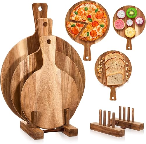 Hushee Tabla de cortar redonda de madera de acacia de 3 piezas con asa, tabla de cortar de madera y estante para platos, plato de servir, paleta de