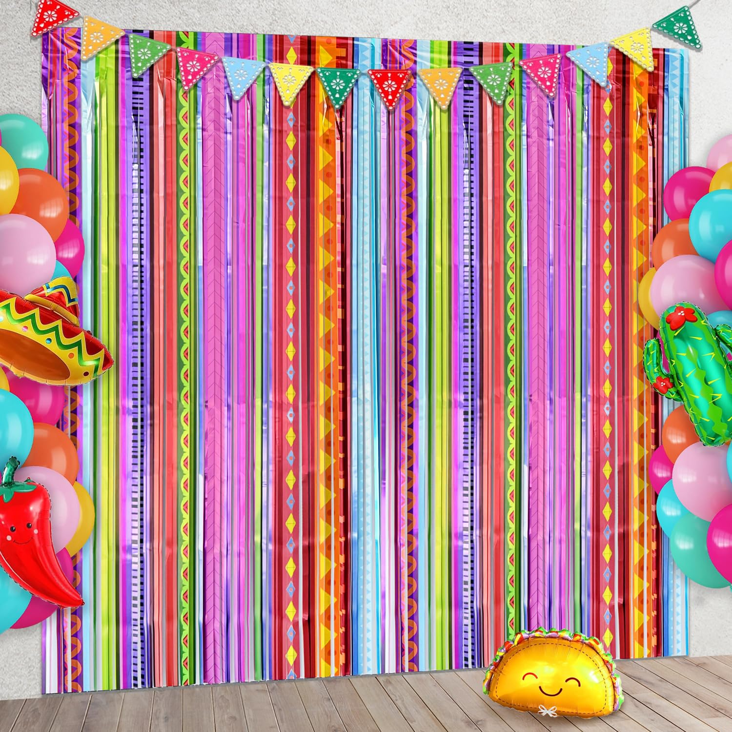 Mexican Fiesta Party Decorations, 2 Pack Rainbow Colors Foil Curtains Tinsel Streamers Backdrops for Cinco de Mayo Posada Taco Bar Party Decorations
