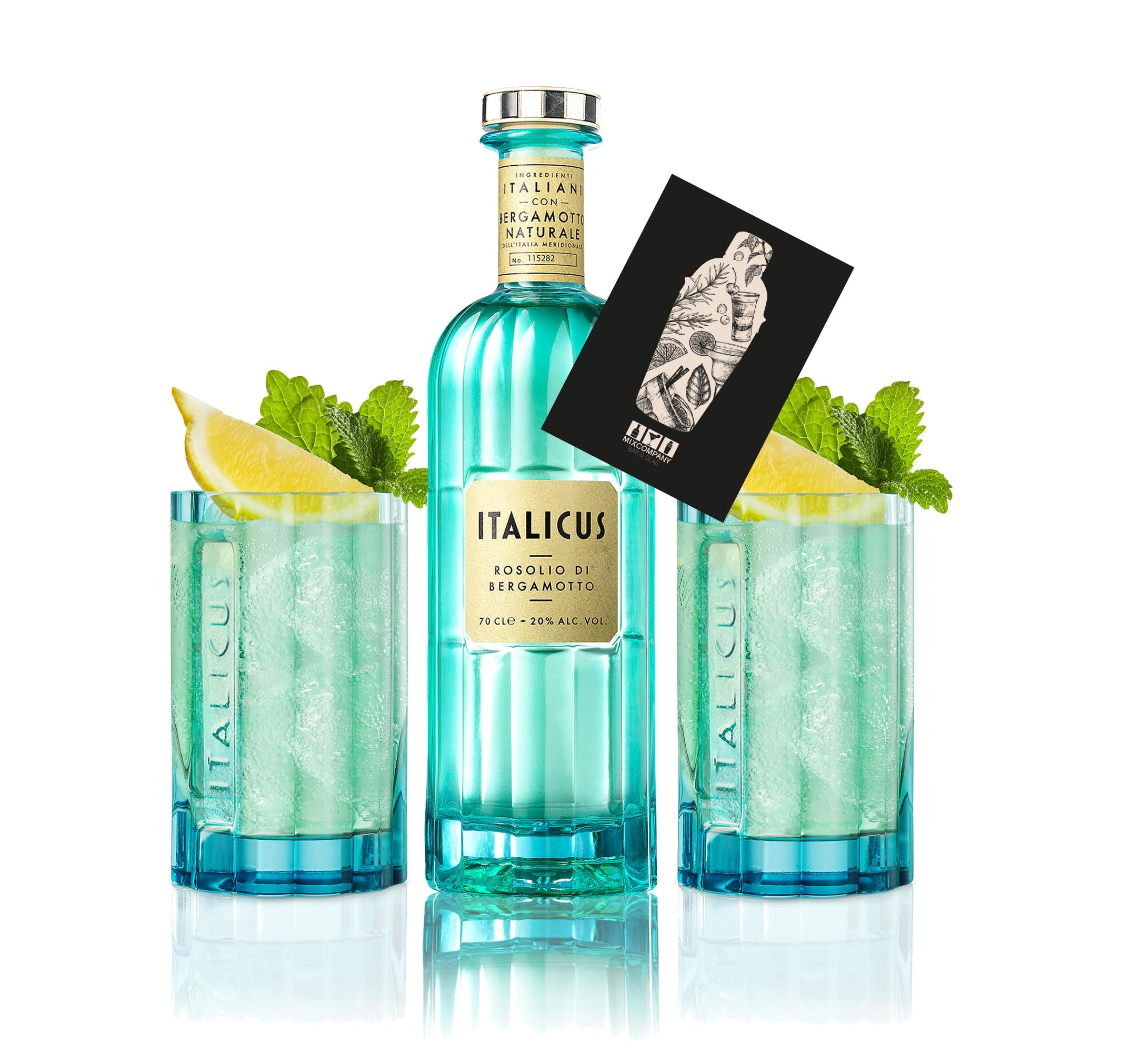 Italicus Bergamotte Likör 0,7L (20% Vol) + 2x Italicus Relief Glas Gläser in Blau - Rosolio di Bergamotto - a refreshing taste of Italy- [Enthält Sulfite] Plus Mixcompany Postkarte