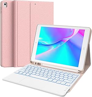 CHESONA iPad Keyboard 9th Generation, 7 Color Backlit, Multi-Touch Trackpad, Built-in Pencil Holder, 2 Bluetooth Channels, Flip Stand Keyboard Case for iPad 9th/8th/7th Gen 10.2" Pink
