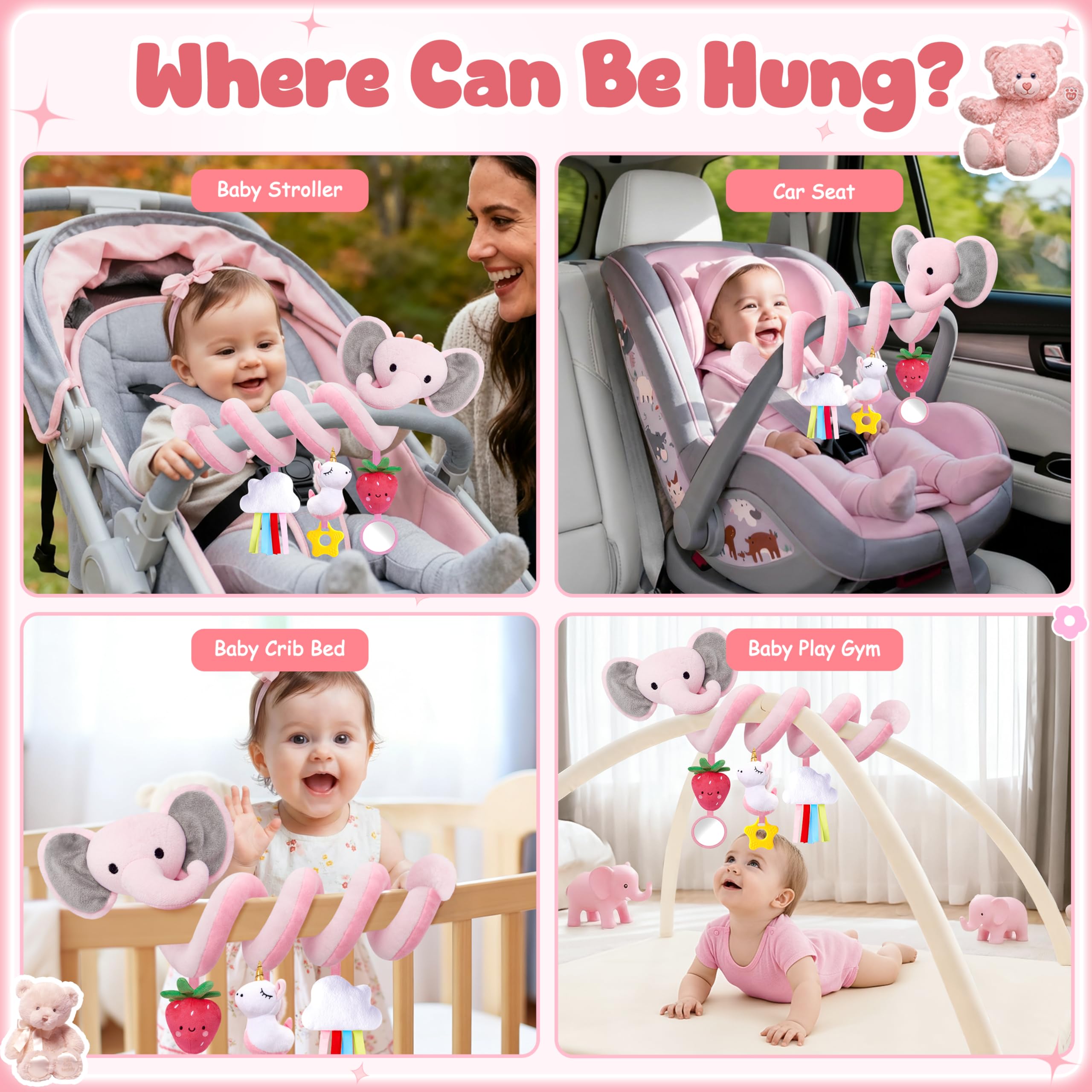Spiral Car Seat Toys for Baby Girls 0-6 Months, Cute Pink Elephant Strawberry Stuff, Perfect Newborn Shower Gifts for Girls Essentials : Toys & Games