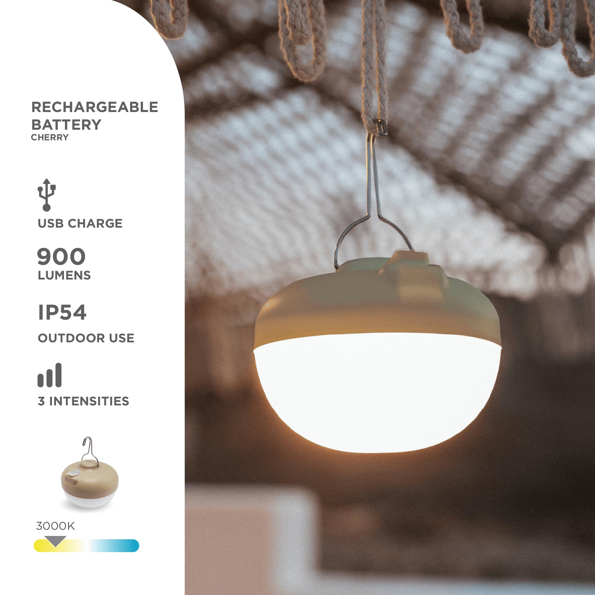 Newgarden - LED Camping- und Notfalllampe Cherry. Tragbare Lampe mit Haken und Magnet, kabellos mit wiederaufladbarem USB-Akku. 900 Lumen und bis zu 20 Stunden Nutzung. IP54 wasserdicht