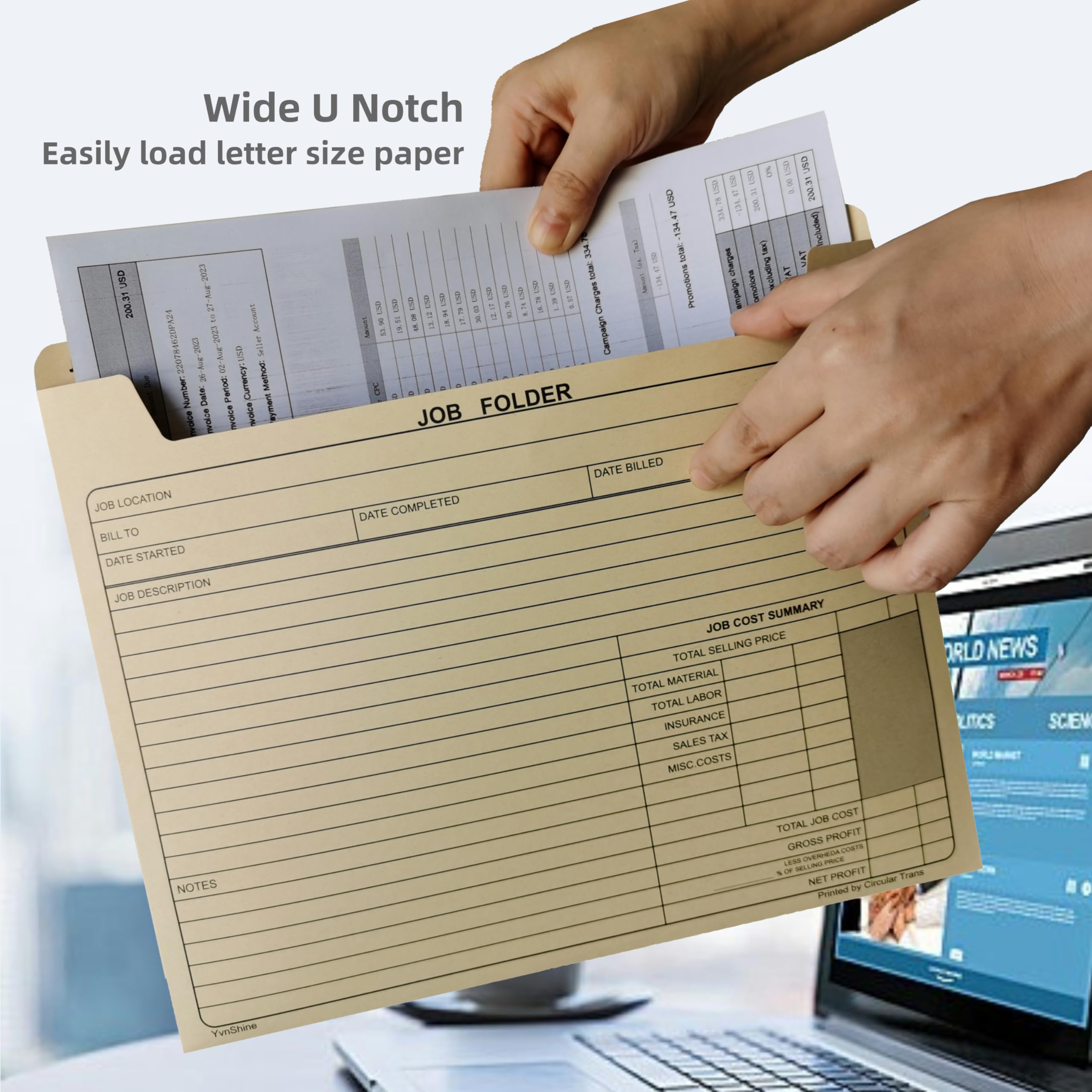 Paquete de 50 carpetas de trabajo, funda de archivo Manila de 10 x 12 pulgadas, para papel tamaño carta, preimpresas para seguimiento de trabajos, cálculo de costos y correspondencias del cliente