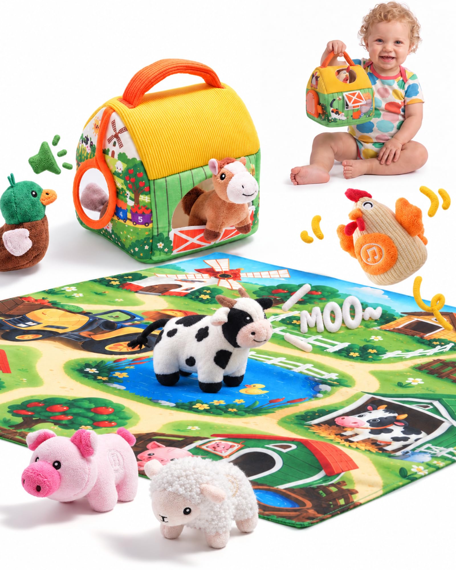 Yeeammk Baby Toys with Talking Farm Animals, Barn and Play Mat, 8-Piece Set
