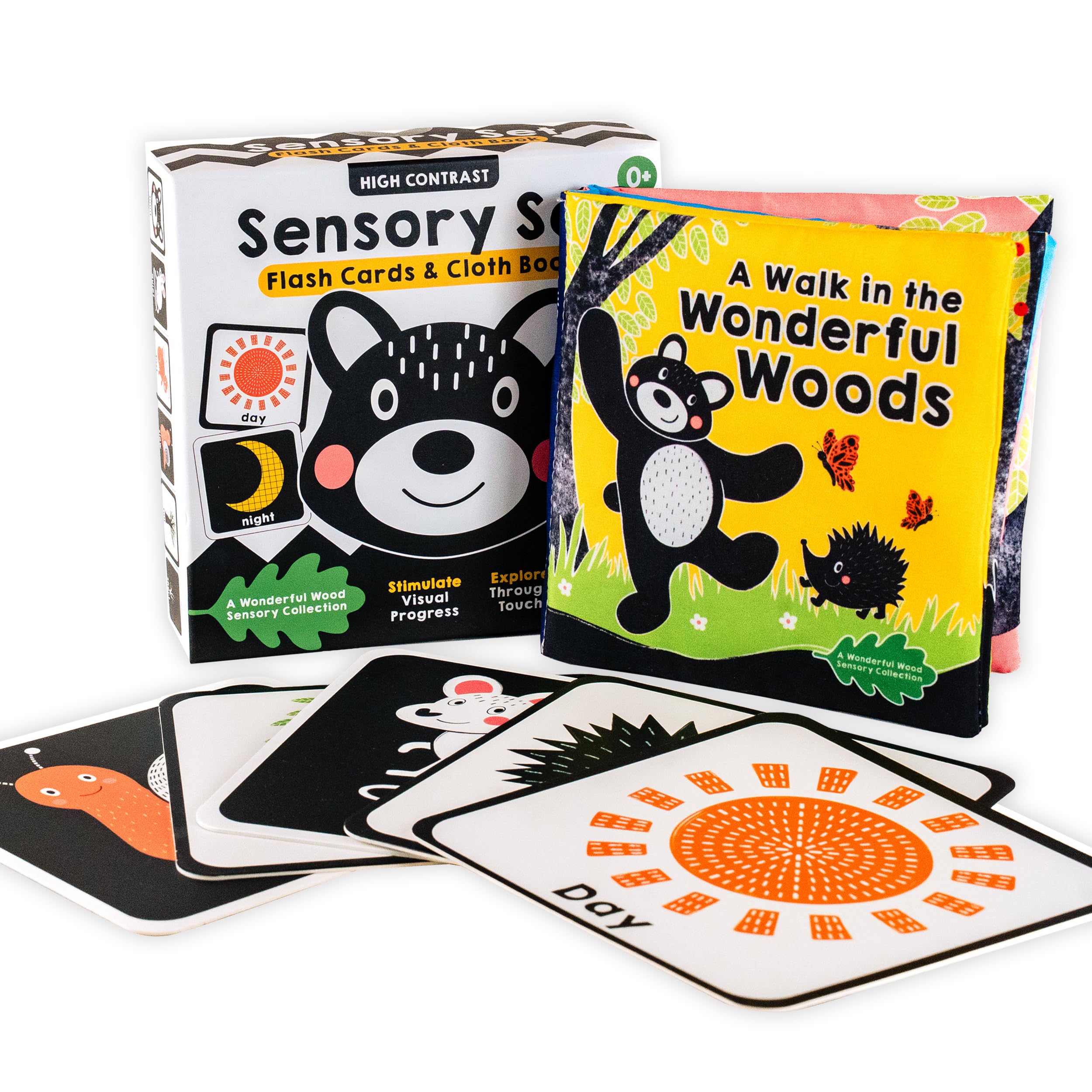 A High-Contrast Black-and-White Sensory Book Set: Part of the A Wonderful Wood Collection for Newborns and Babies 0-2 years: Cloth book and flash cards