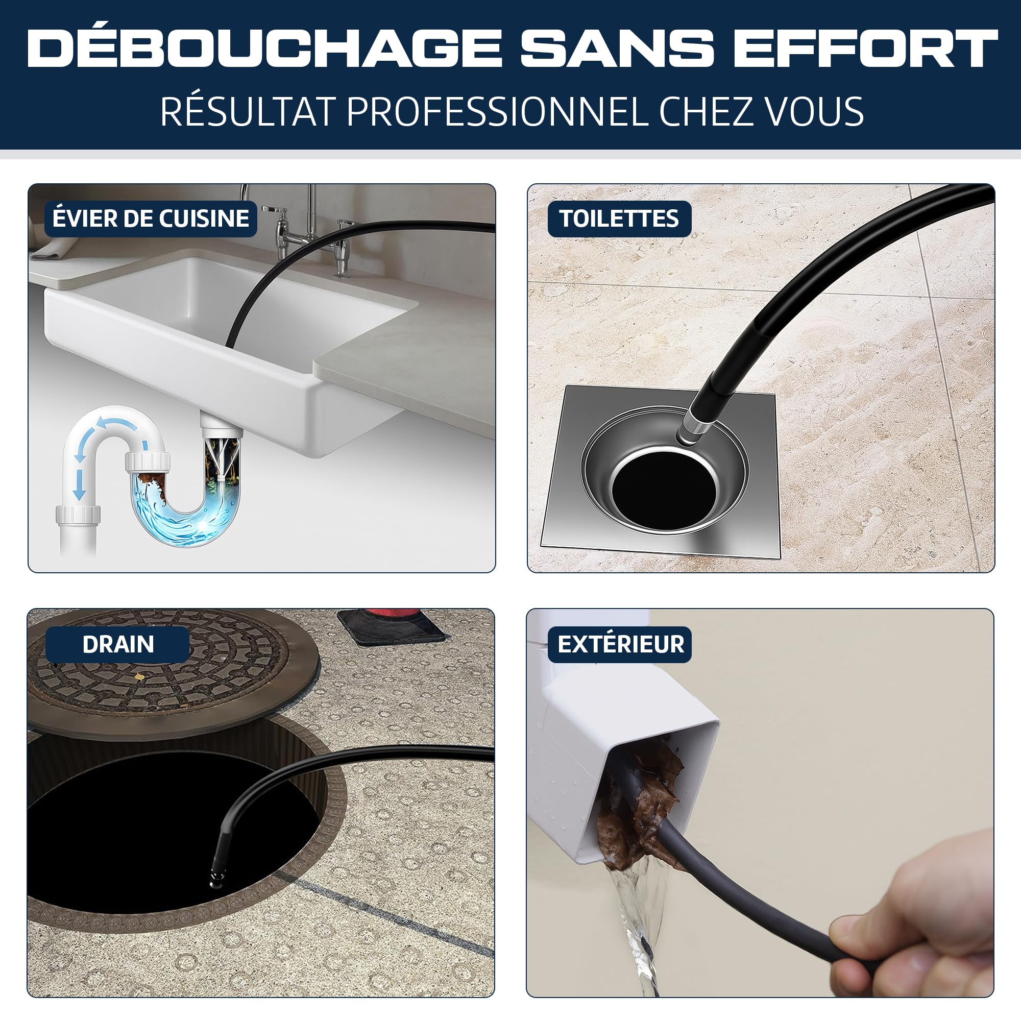 Kit Complet 10-en-1 Déboucheur de Canalisation Haute Pression – Tuyau 35 m Extra-Long Renforcé – 5 Buses + 3 Adaptateurs Laiton – Compatible Kärcher-Furet Kärcher