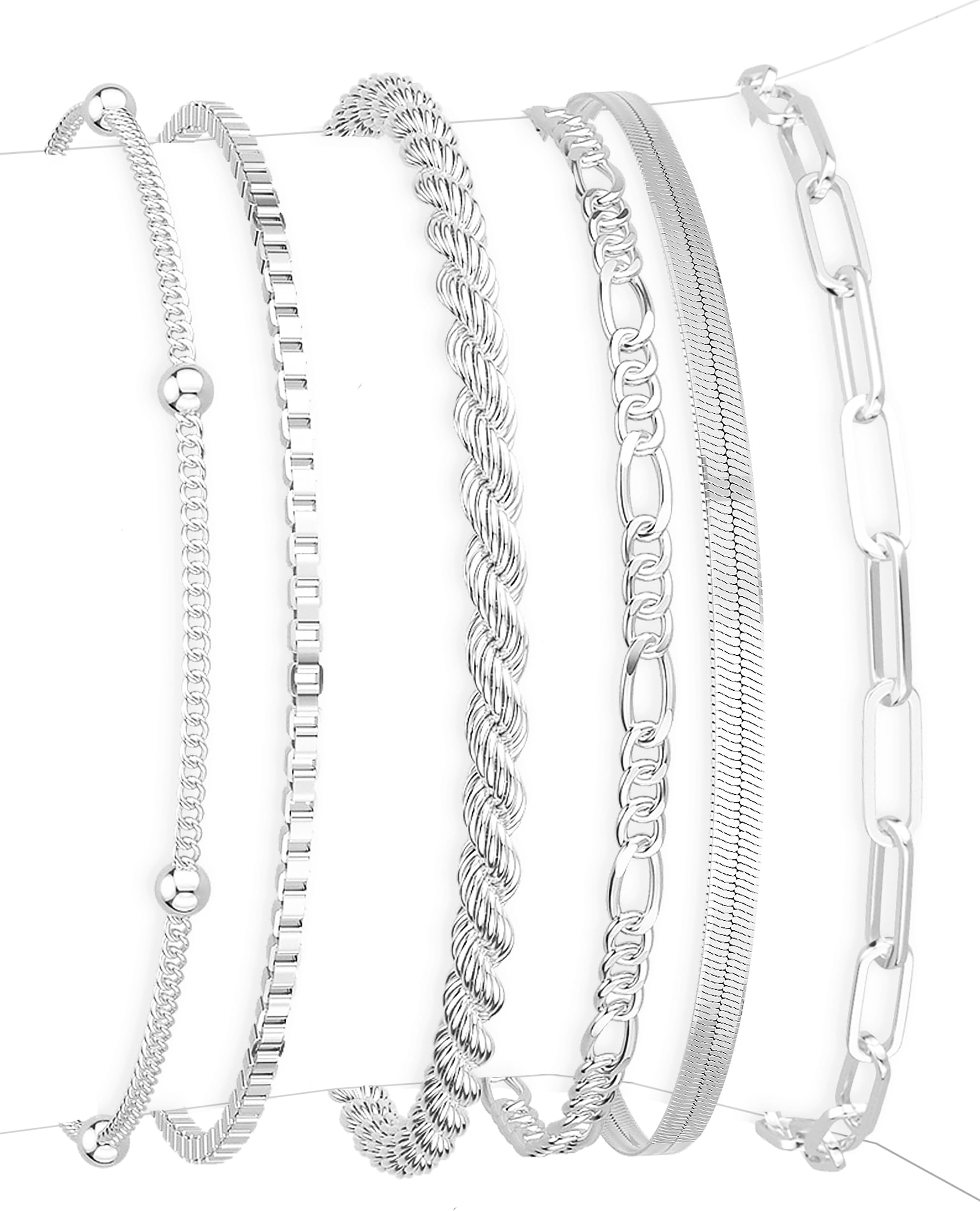 DEARMAY Dainty Silver Plated Bracelets for Women Trendy, Silver Jewelry Set for Women Bracelets for Women Paperclip Box Herringbone Figaro Rope Chain Bracelet Fashion Pack Gifts for Women