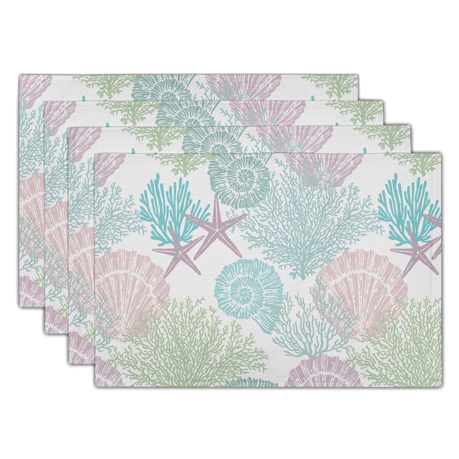 Summer Nautical Coastal Placemats Set of 4,Teal Ocean Coral Beach Seashell Starfish Dining Mat, Rectangle Linen 12 x 18in Non Slip Coffee Cup Print