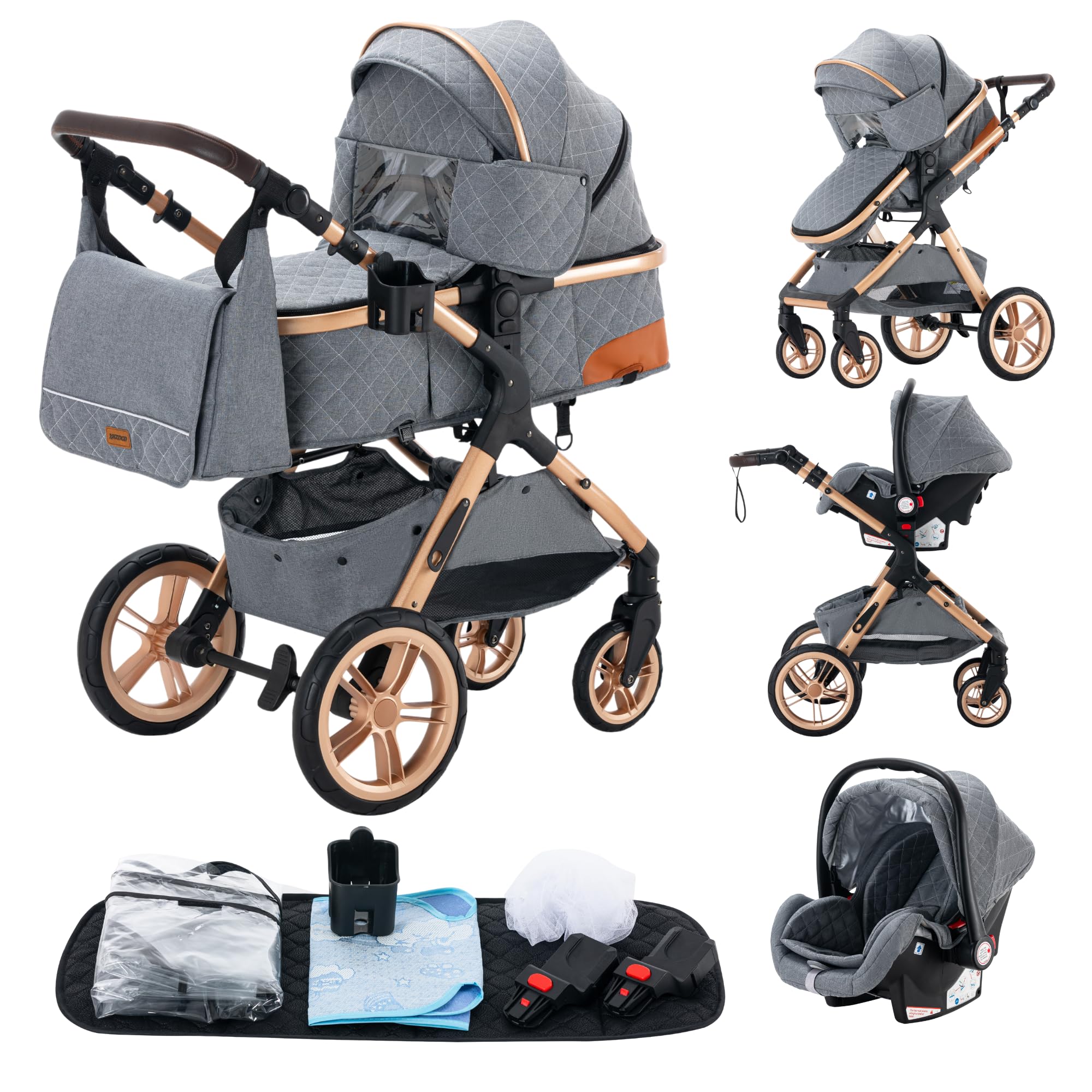 YAZOCO 3 in 1 Prams, Pushchair with Height Adjustable Handle, Travel System Pram with Changing Bag, Baby Stroller with Aluminum Frame for Newborn 0-4 Years (XX1 Grey)