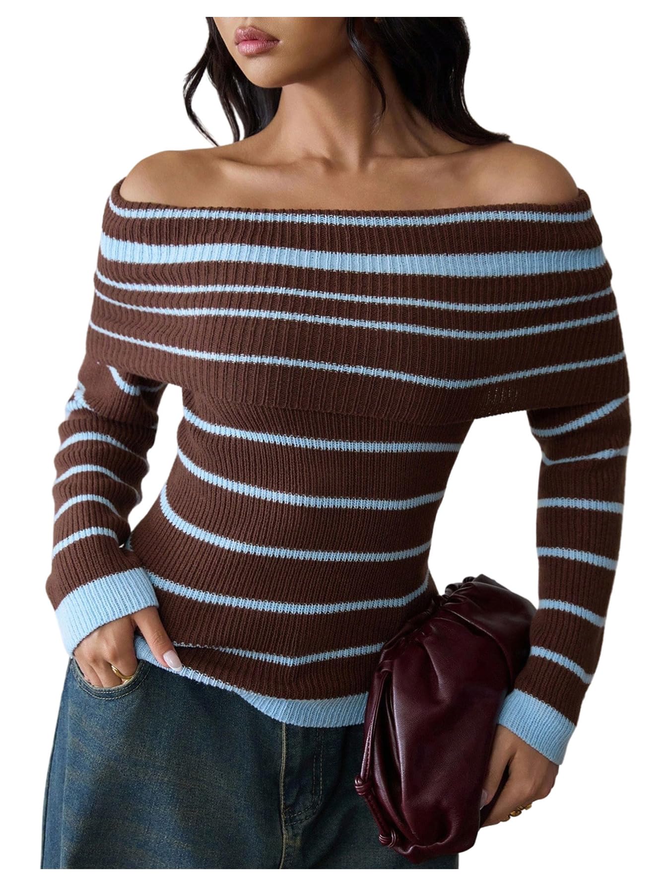 OYOANGLE Womens Striped Off The Shoulder Sweater Long Sleeve Fitted Knit Sweaters Y2K Pullover Tops