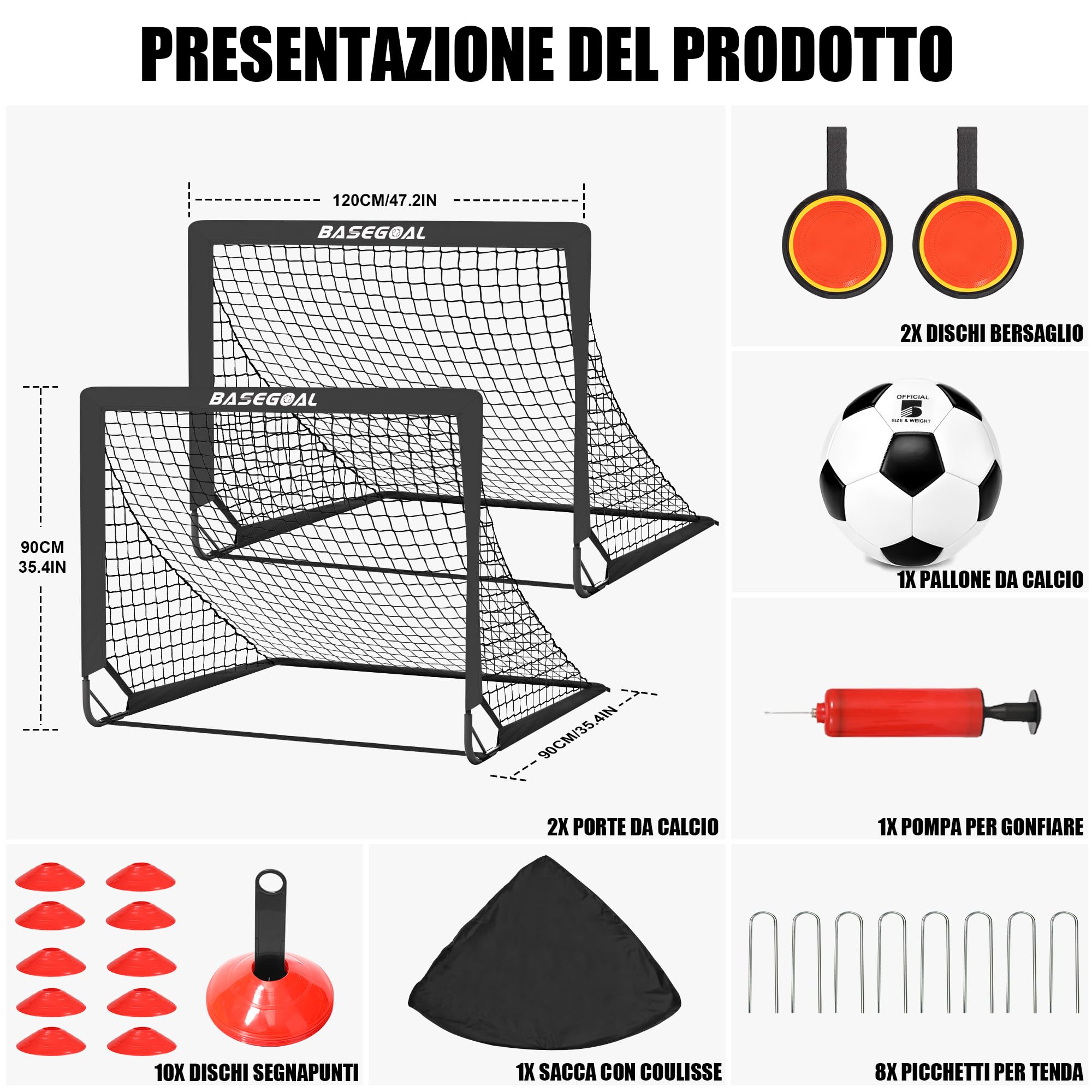 BaseGoal Set di 2 Porte da Calcio per Giardino 120x90cm con Calcio n. 5 | Porta da Calcio Adolescenti con Aste In Fibra di Vetro, Reti di Alta Qualità, Bersaglio, Coni da Calcio e Cono a Forma di U