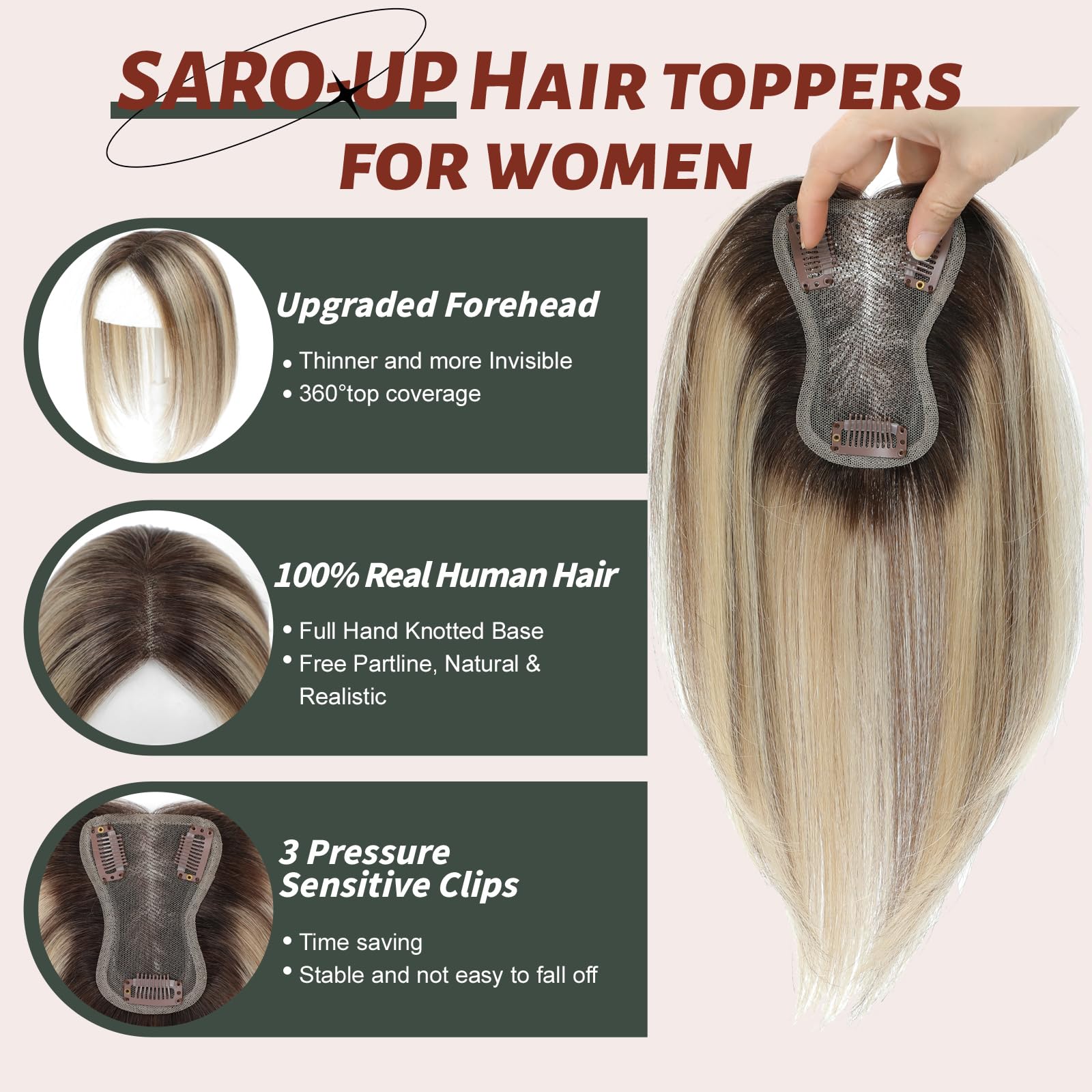 10 Inch Human Hair Topper for Thinning Hair, Handmade Lace Base with 3 Clips Amazon.com : BUTYWAY Women main image 3
