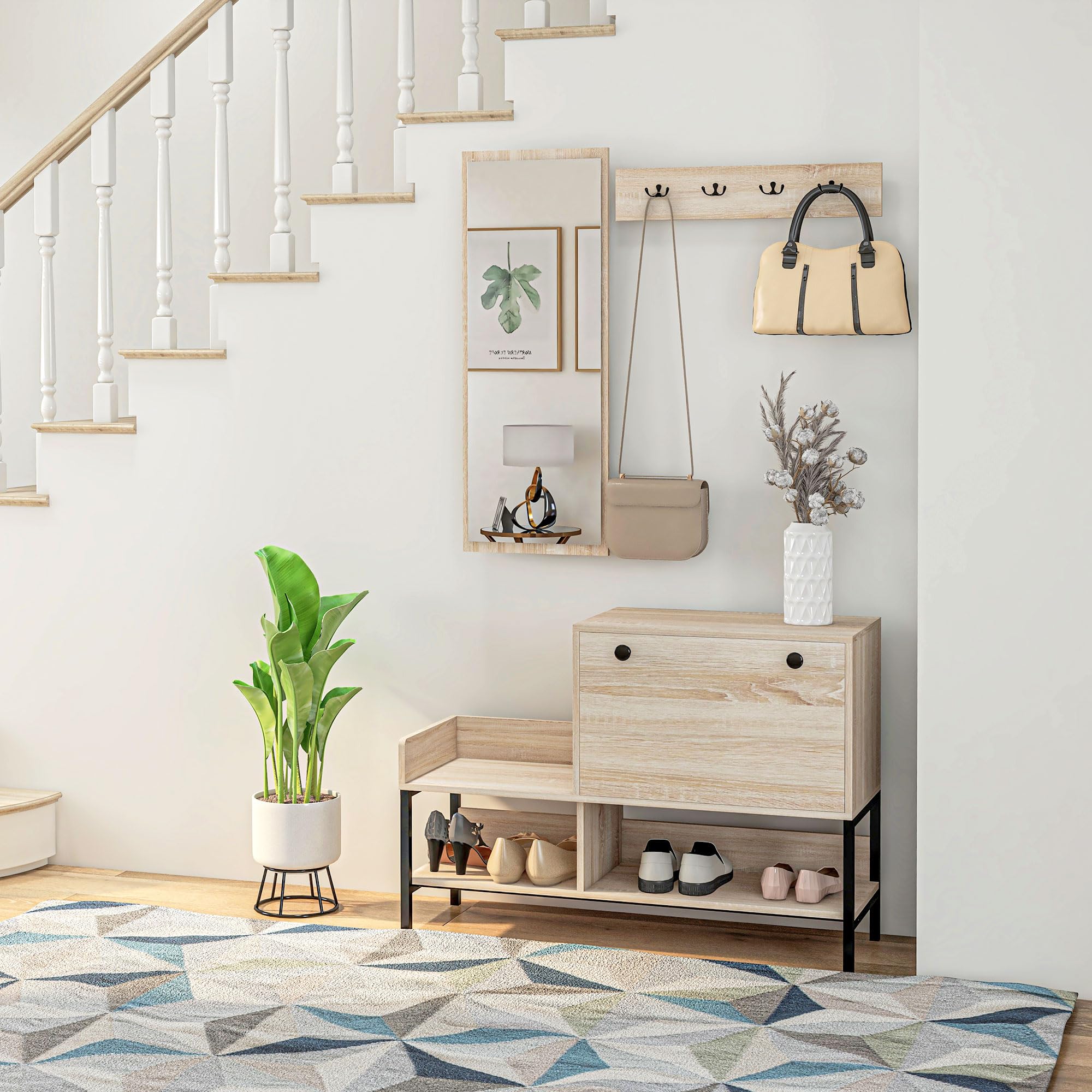 HOMCOM Ensemble 3 en 1 Meuble d'entrée vestiaire Design Contemporain Meuble Chaussures, Miroir et Panneau Porte-Manteau Acier Noir
