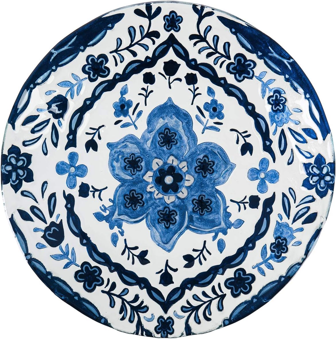 Evergreen Garden Blue Patterned Embossed Glass Bird Bath - 18 x 2 x 18 Inches, 64oz Outdoor Décor for Your Garden, Patio or Lawn. Bird Lovers Glass Bird Bath or Feeder Dish