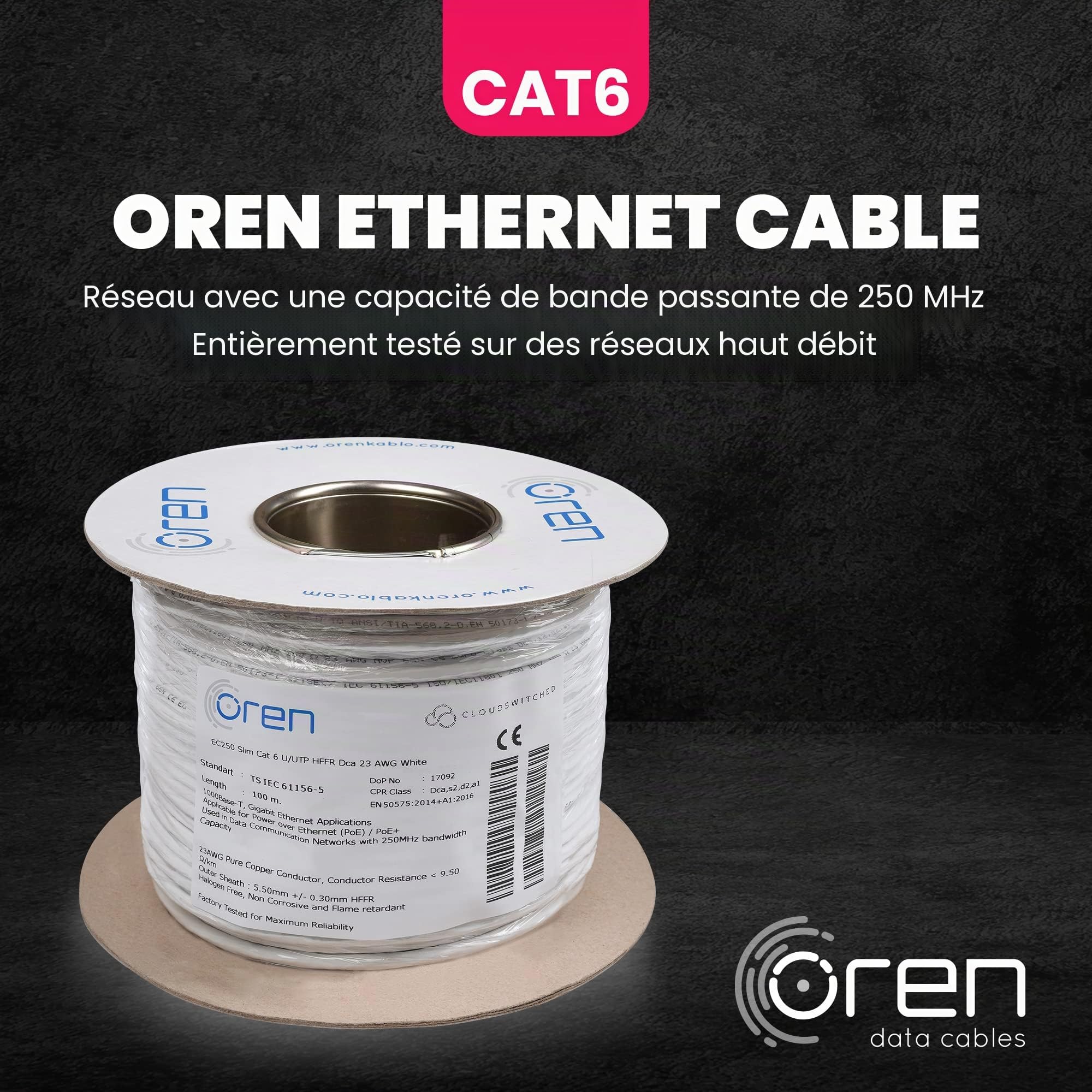 Oren Câble Ethernet CAT6 100m - Fin - Fil de cuivre pur 23 AWG - Bande passante 250 MHz - Câble réseau LAN Internet UTP - Sans halogène, non corrosif - Câble Ethernet Gigabit haut débit - Blanc