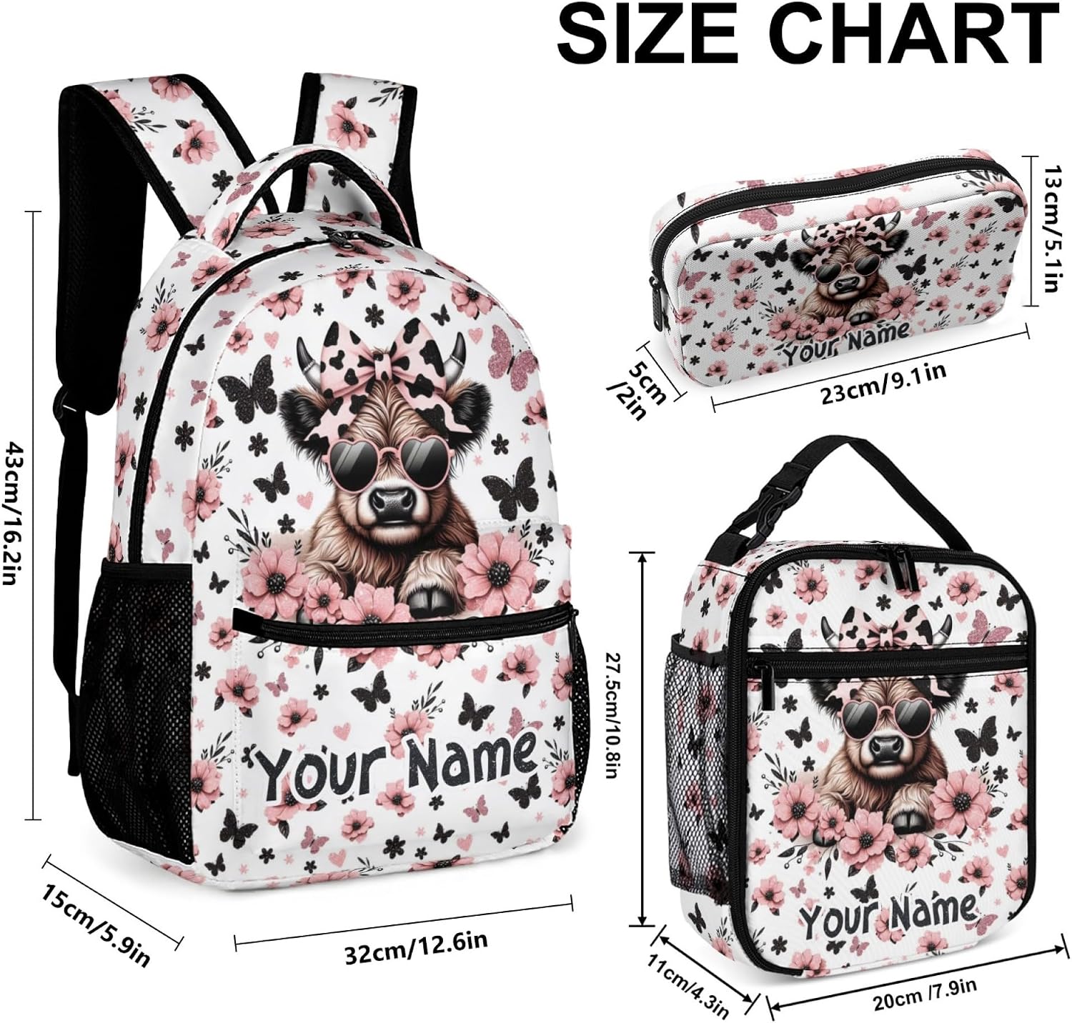 Custom Highland Cow Backpack with Lunch Box & Pencil Case for Kids Girls Boys School, 16 Inch Cute Cows Bookbag for Students Children, sustainable, Lightweight, Large Capacity