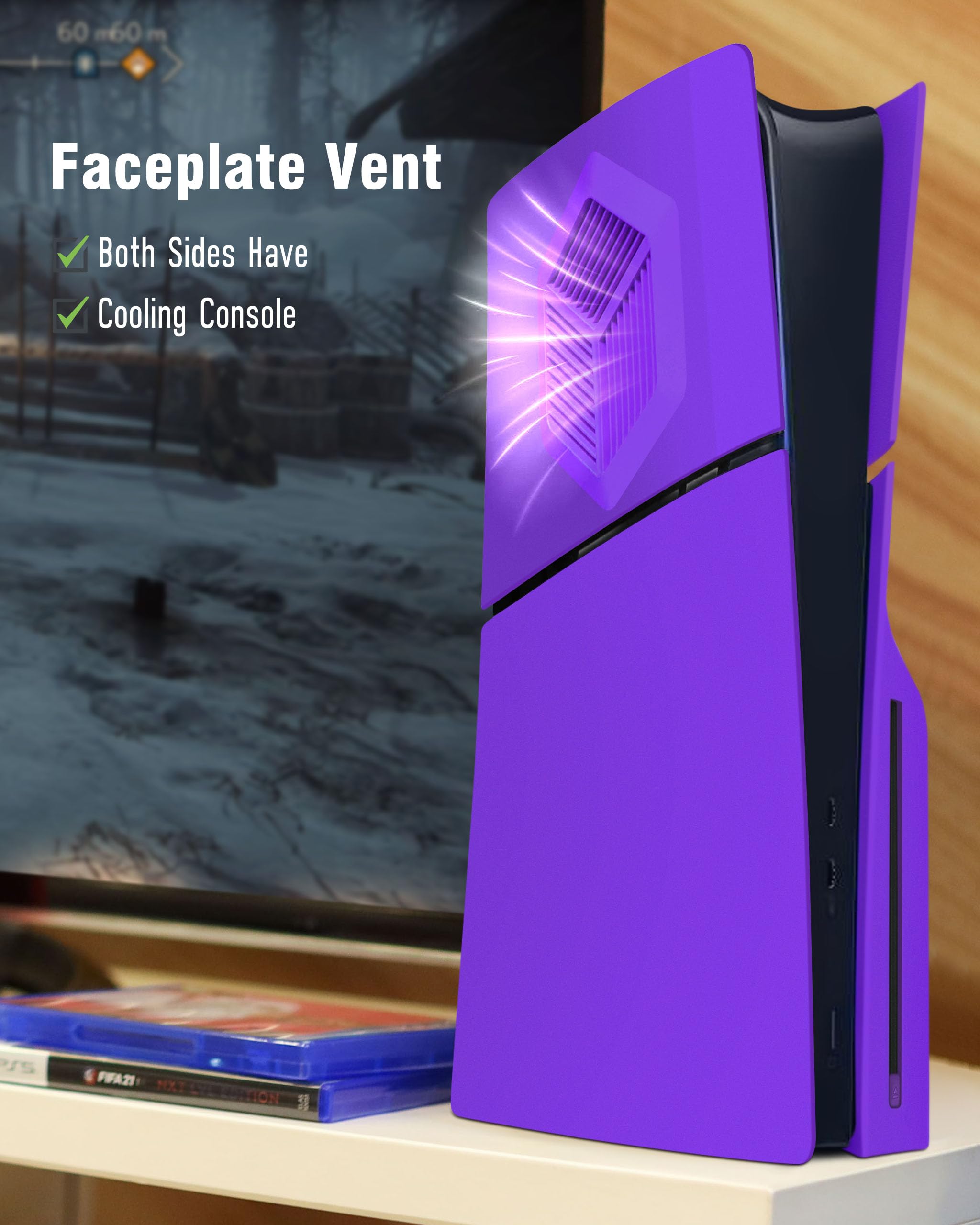Piastre frontali per PS5 Slim Accessori con prese d'aria di raffreddamento, Joso Custodia di ricambio per PS5 Slim Disc Edition 4 piastre di copertura, antigraffio e antipolvere, piastre in ABS viola