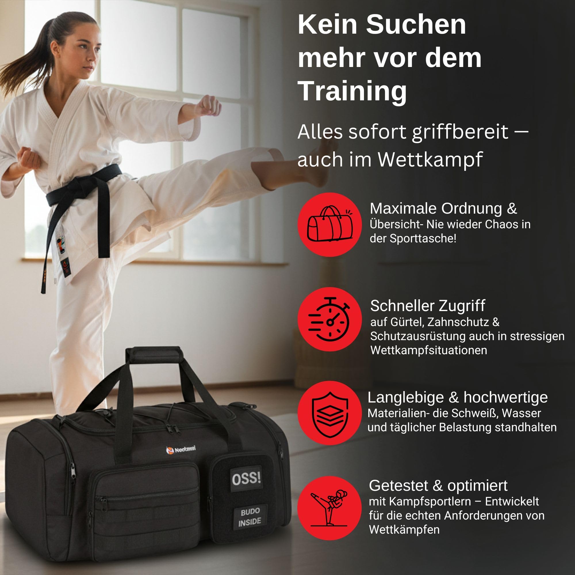 Kampfsport Sporttasche 50L mit Nassfach & Schuhfach – Judo, BJJ & Karate Trainingstasche für Gi, Schützer & Wettkampf | robuste Trainingstasche mit Organisationsfächern