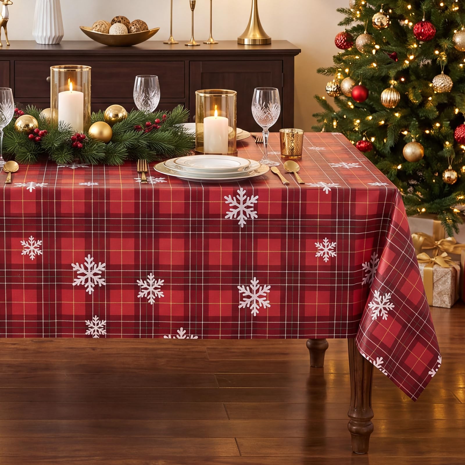 Romanstile Xmas Table Cloth Wipe Clean Large Christmas Vinyl Tablecloth Rectangular 140x300cm Red Gingham PVC Waterproof Tablecloths for Party Festive Celebration Kitchen Indoor Decor — image 1