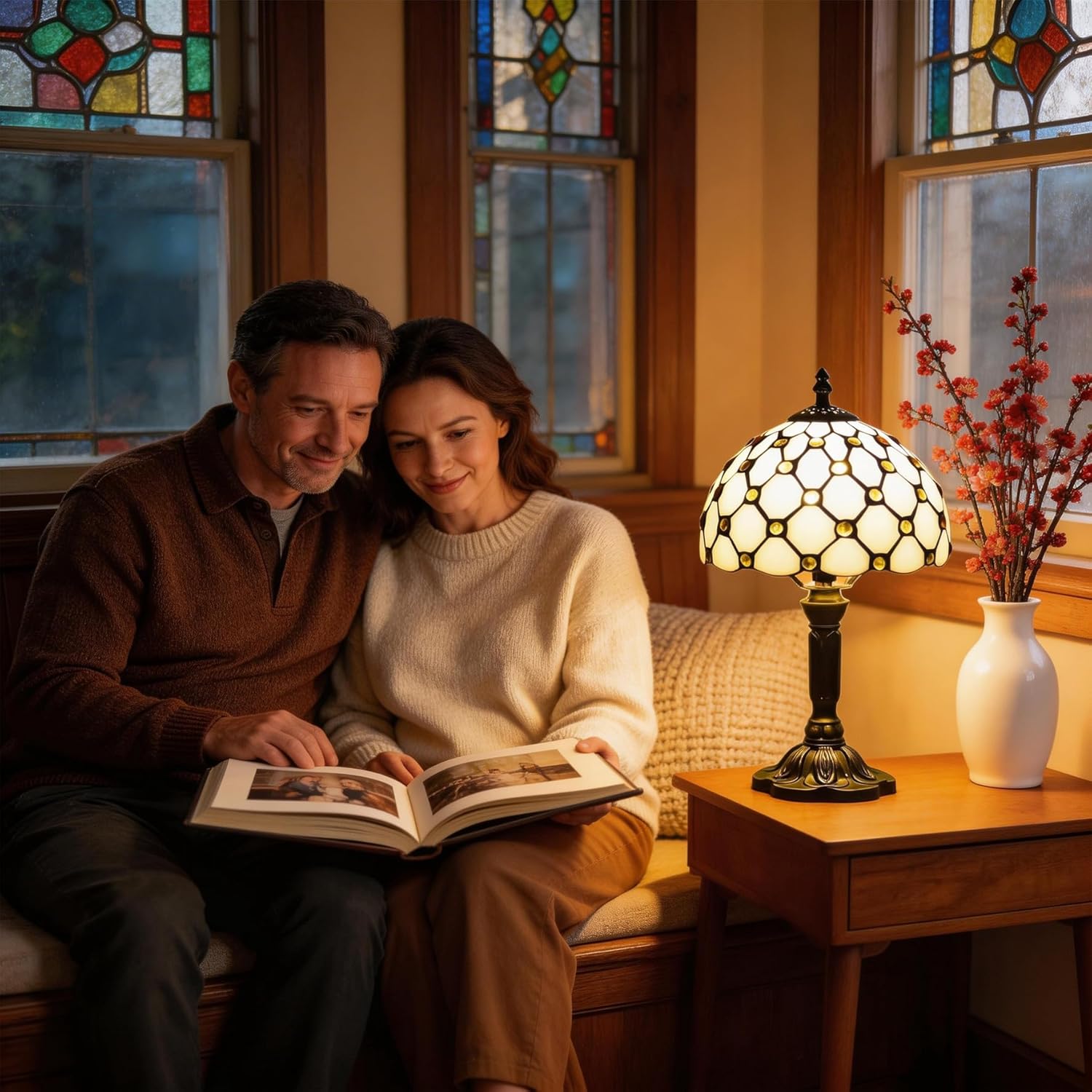 Tiffany Style Stained Glass Lamp with Yellow Beads, 8-Inch Table Lamp – Handcrafted Vintage Accent Light for Bedroom Nightstand, Office Desk, or Living Room, LED Bulb Included