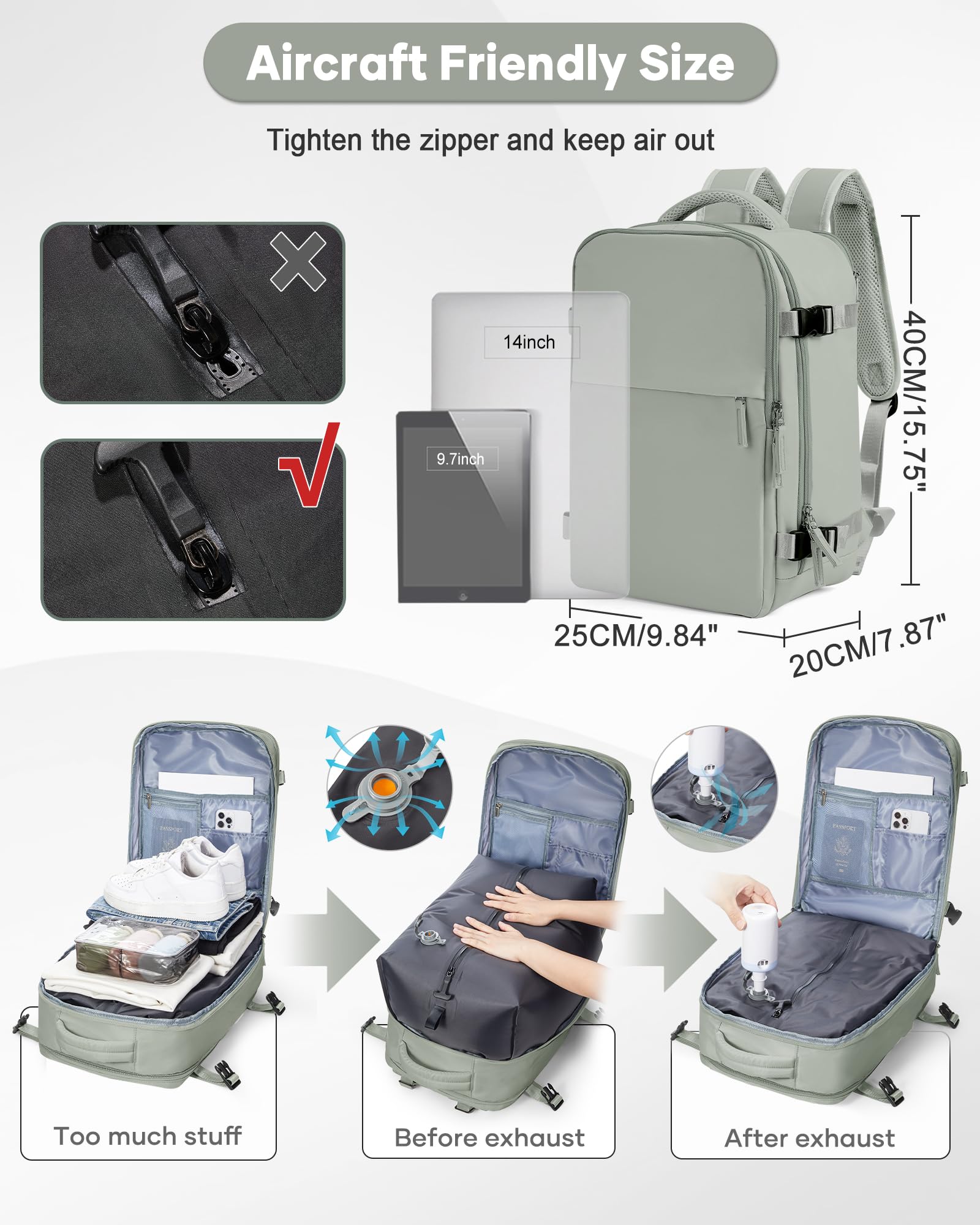 SZLX Zaino Ryanair 40x30x20 Sottovuoto Zaino da Viaggio 40x30x20 Wizzair Bagaglio a Mano 40x20x25 Borse da Cabina per Easyjet 45x36x20 Donna con USB Adatto a PC da 14 Pollici, Valigia con Sottovuoto