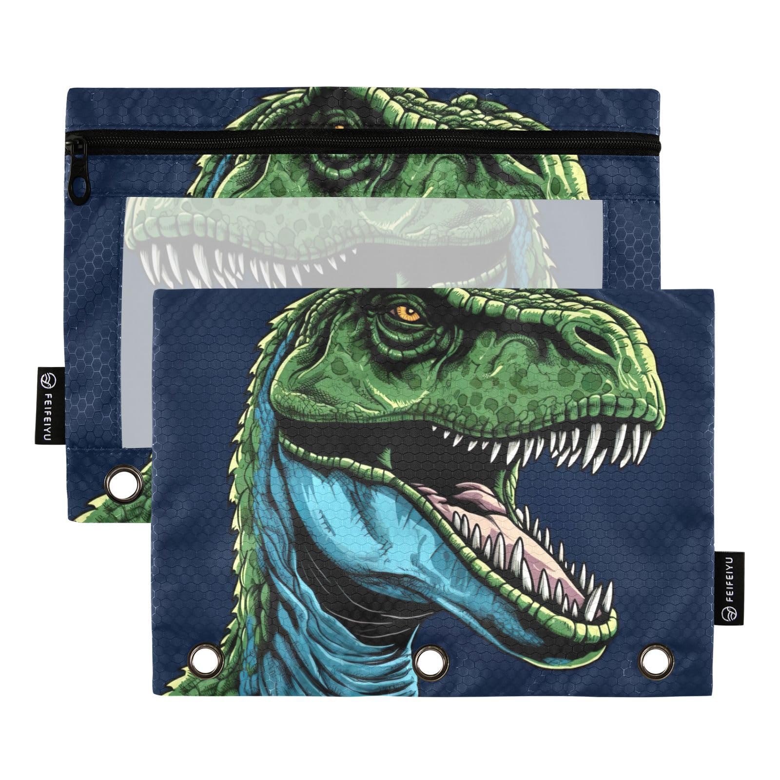 Coikll Green Dinosaur Pencil Pouch Fits standard 3-ring binders, Zipper Binder Pencil Bag with Clear Window for Office 2 Pack