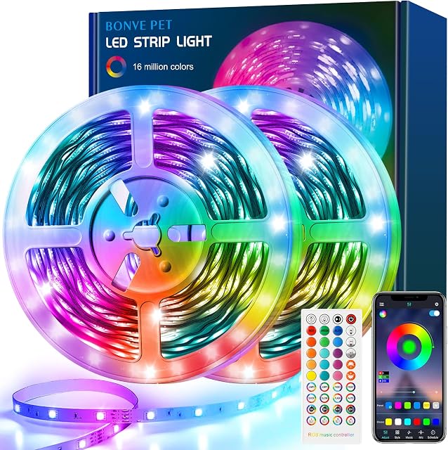 Bonve Pet 20M LED Strip Lights (2 Rolls of 10m), RGB 5050 Color Changing LED Lights, APP Bluetooth & 40 Keys Remote Control, Music Sync and Timer, LED Strips Decoration for Bedroom, Party