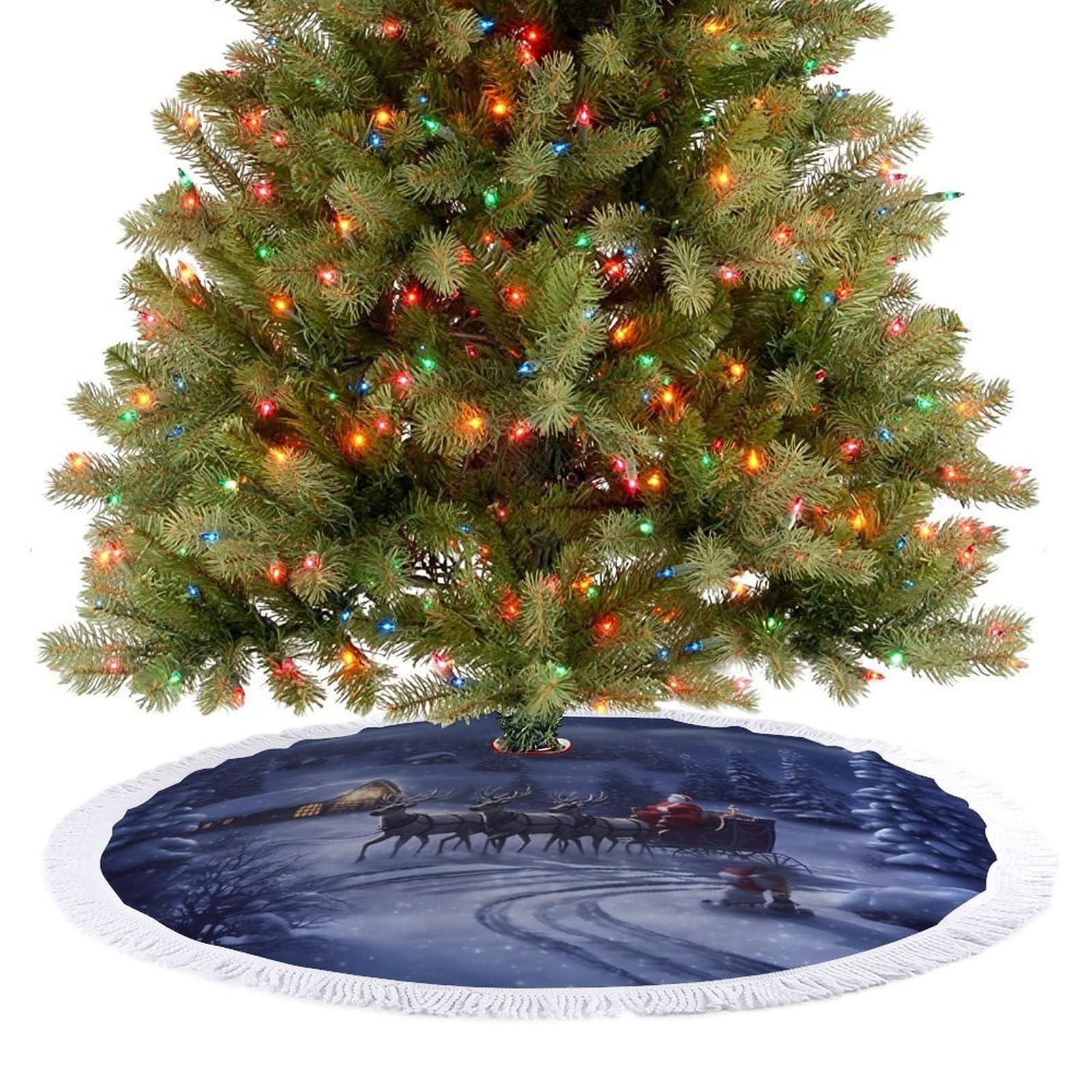 Snow Night Santa and Deer Christmas Tree Skirt 30"x30" Rustic Xmas Tree Mat with Tassel Ornament Christmas Trees Cover Skirt Mat for Evergreen Trees Ornament Winter Holiday Mats Decorations