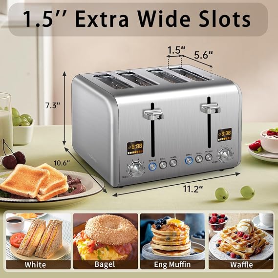SEEDEEM 4 Slice Stainless Steel Toaster, LCD Display, Wide Slots