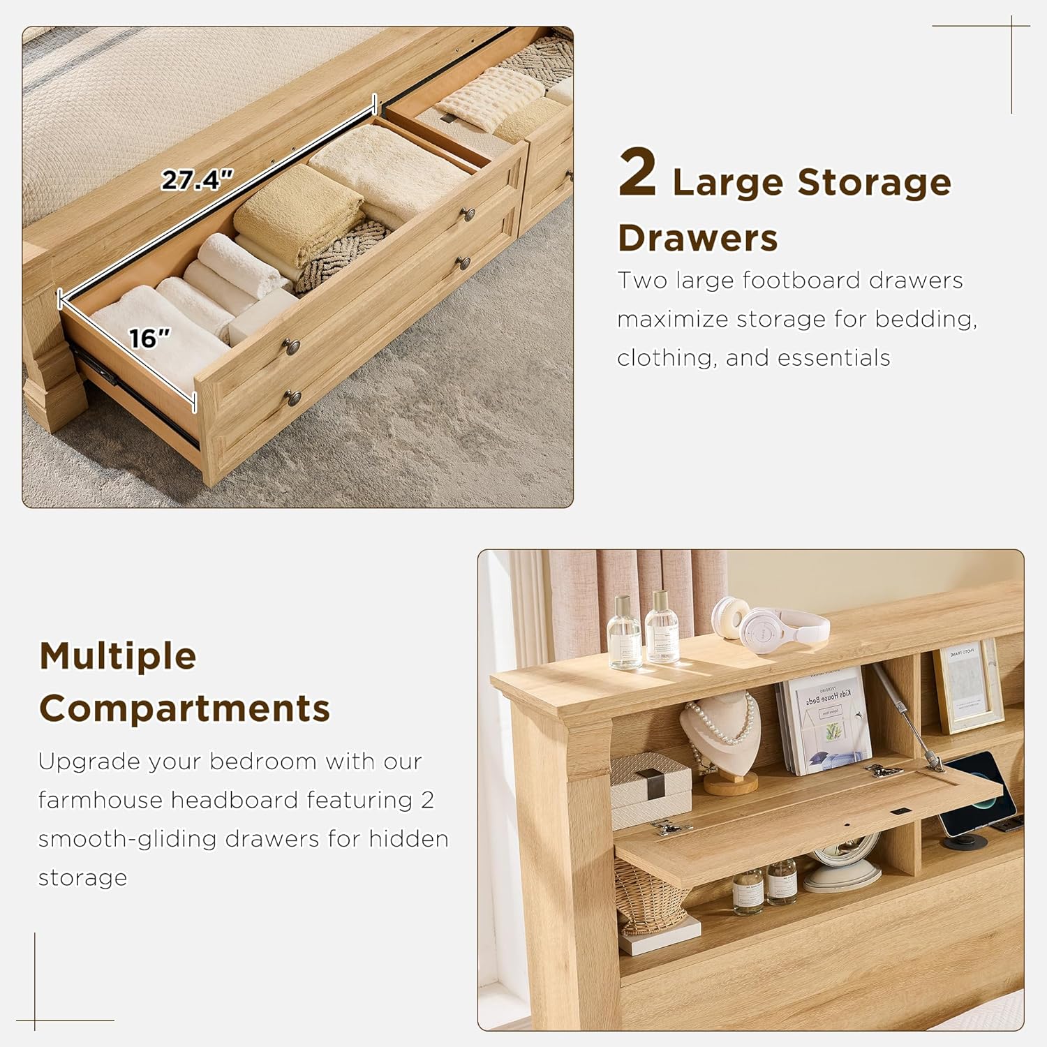 T4TREAM Farmhouse Queen Size Bed Frame with 54" Tall Storage Bookcase Headboard, Wood Platform Bed Frame with 2 Drawers & 18" Tall Roman Column Decoration Footboard, No Box Spring Needed(Oak)