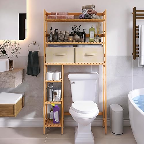 Miniatura 8 de SMIBUY Almacenamiento sobre el inodoro, estante de almacenamiento de bambú de 6 niveles con cajones, estante organizador independiente sobre el