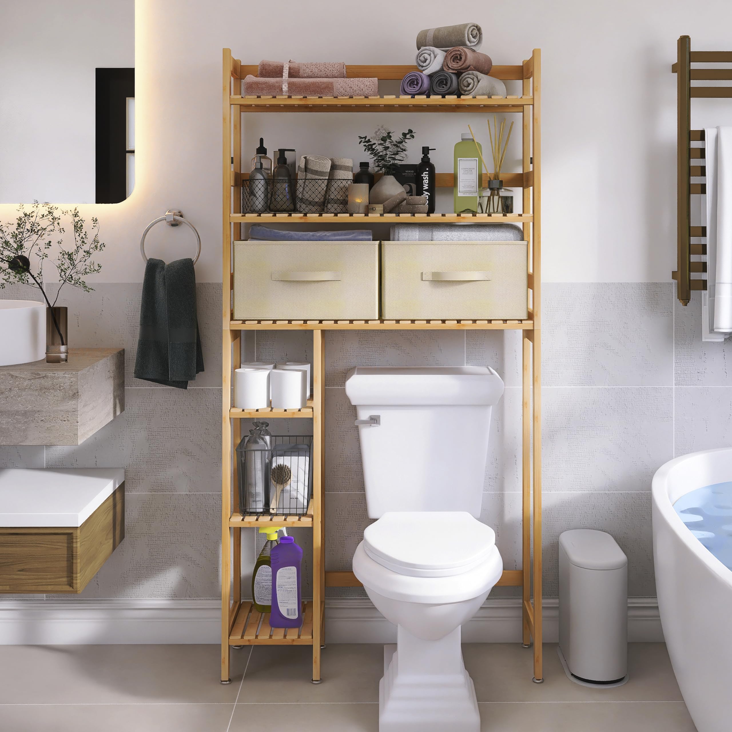 SMIBUY Over The Toilet Storage, 6-stöckiges Badezimmerregal aus Bambus mit Schubladen, freistehend über dem WC-Organizer-Rack, Massenlagerung, Platzsparer für kleine Räume (natürlich)