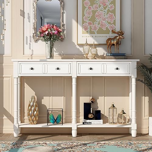 Miniatura 228 de Mesa consola de madera maciza de 48 pulgadas, mesa auxiliar moderna para sofá de entrada con 3 cajones de almacenamiento y 2 estantes. Fácil de