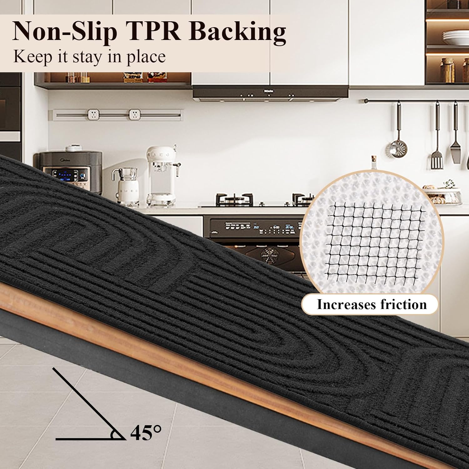 Kitchen Rugs and Mats Set of 3, Non Skid Washable Black Geometric Kitchen Mats for Floor, Absorbent and Stain Resistant Floor Mat for Laundry,