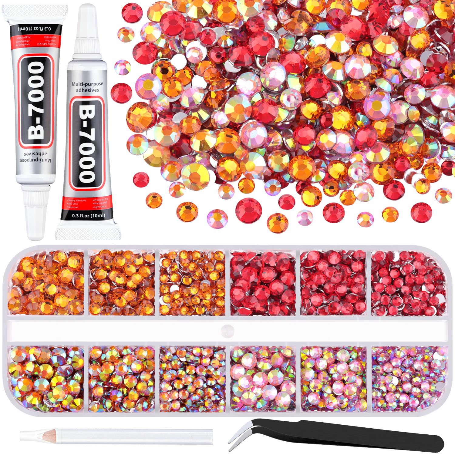3500 PCS Flatback Rhinestones for Crafting and 2PCS B7000 Glue (Pack 5), 1 Box of 3/4/5mm Colorful Resin Rhinestones Gems Charms for Bedazzling DIY Crafts Fabric Clothing Tumblers Shoes Nail Art