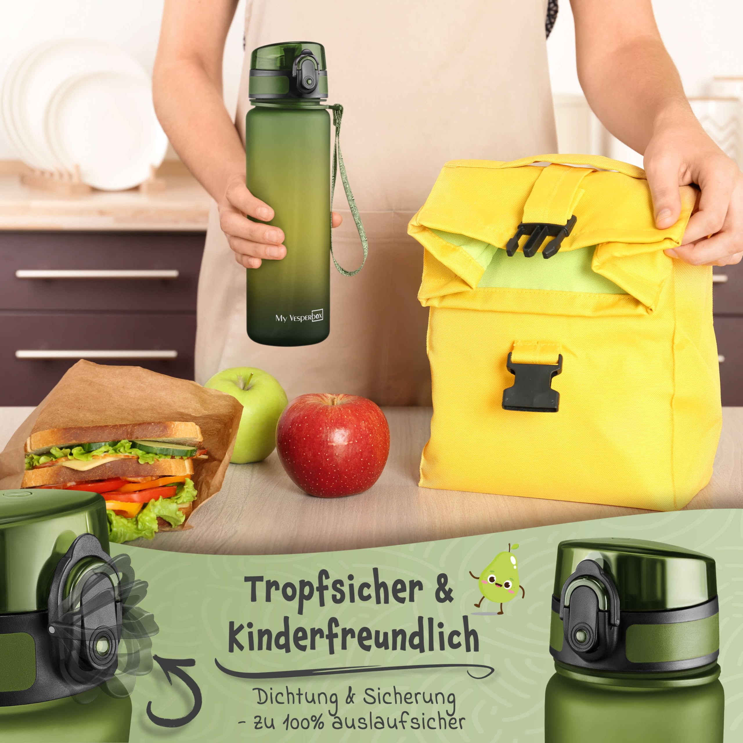 My Vesperbox - Len - Set – Brotdose & 500ml Trinkflasche für Kinder – auslaufsicher & BPA-frei – Lunchbox für Schule & Kindergarten - Bento Box Set