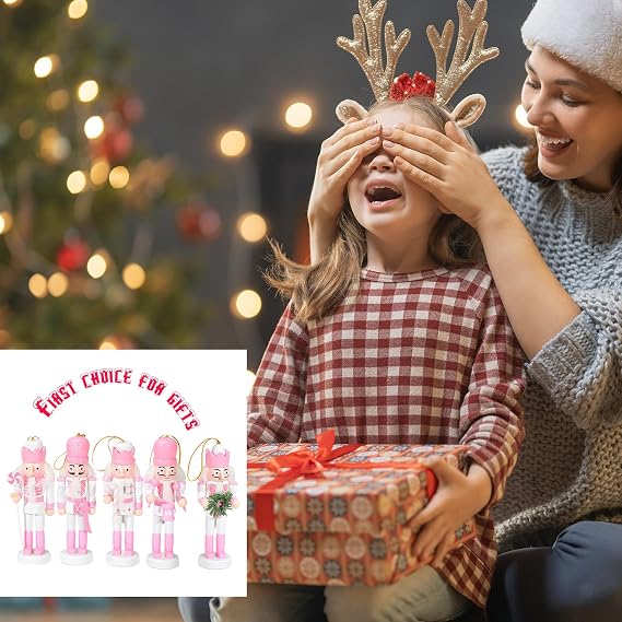 Pink Wooden Nutcrackers Soldier for Christmas,5Pcs 12.5cm Wooden Figure Ornament,Christmas Tree Tabletop Decoration,Small Nutcracker Soldier Puppet Doll Pendant Hanging for Tree,Xmas Gift Indoor Decor