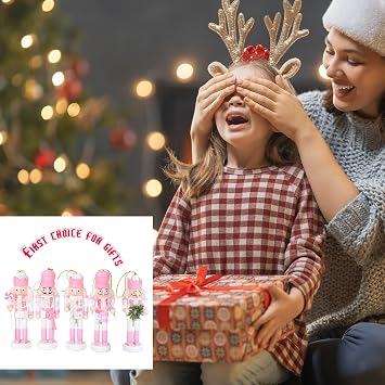 Pink Wooden Nutcrackers Soldier for Christmas,5Pcs 12.5cm Wooden Figure Ornament,Christmas Tree Tabletop Decoration,Small Nutcracker Soldier Puppet Doll Pendant Hanging for Tree,Xmas Gift Indoor Decor