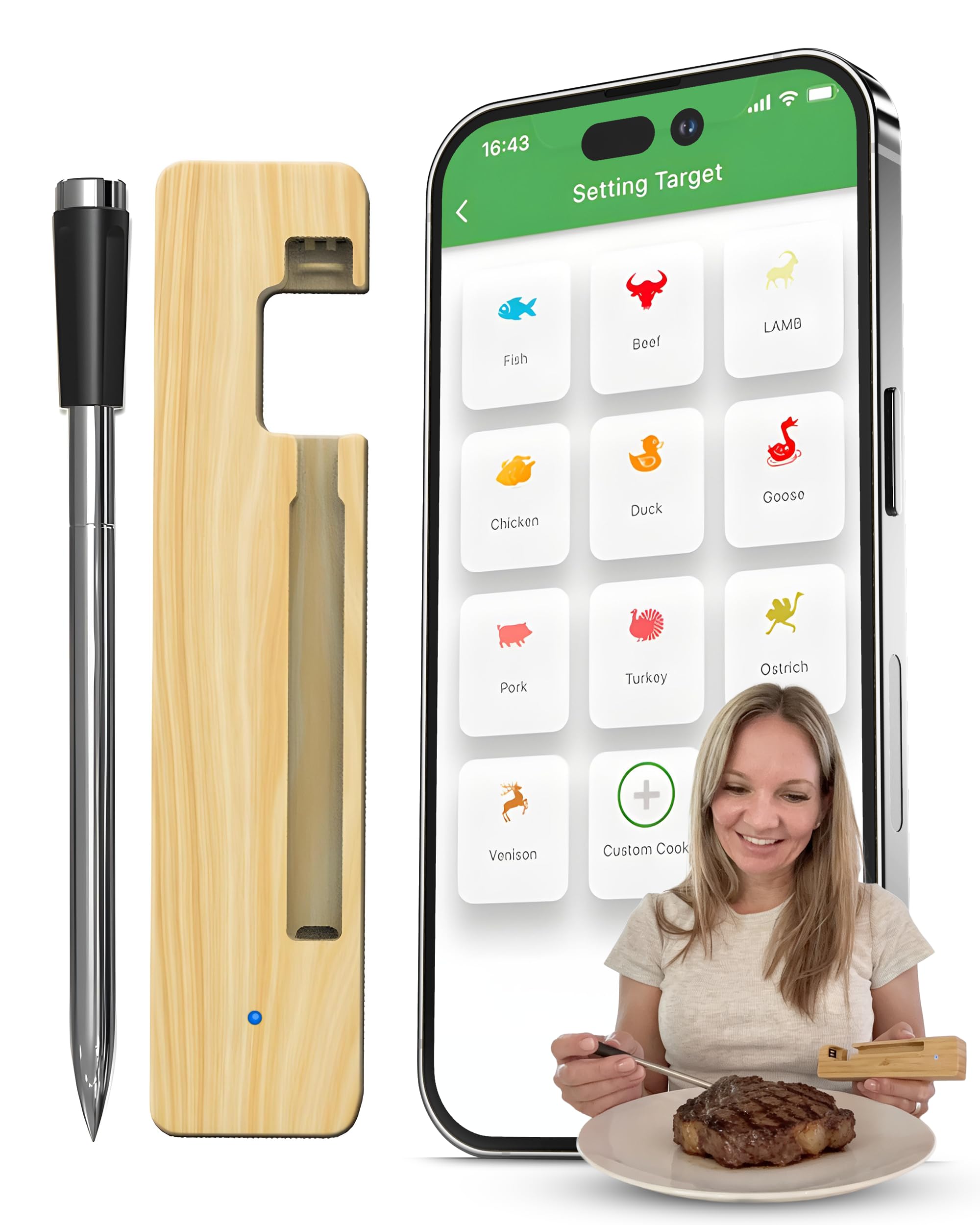 Digitales Fleischthermometer Kabellos Bluetooth Dual Sensor BBQ Küche Räucherofen Wasserdicht mit USB-C Ladekoffer App-gesteuert 40m Reichweite