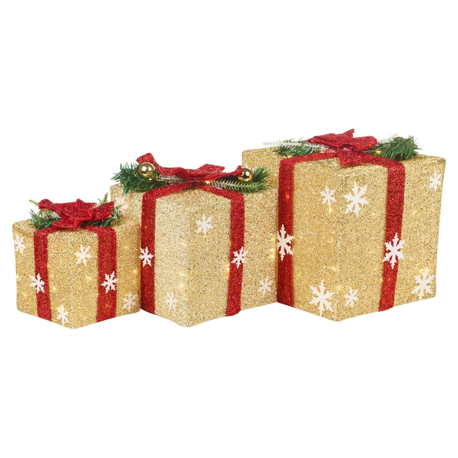 Urbnliving Gold 3 Piece Light Up Led Gift Box Christmas Decorations Fireplace Display Xmas Decor (Gold)