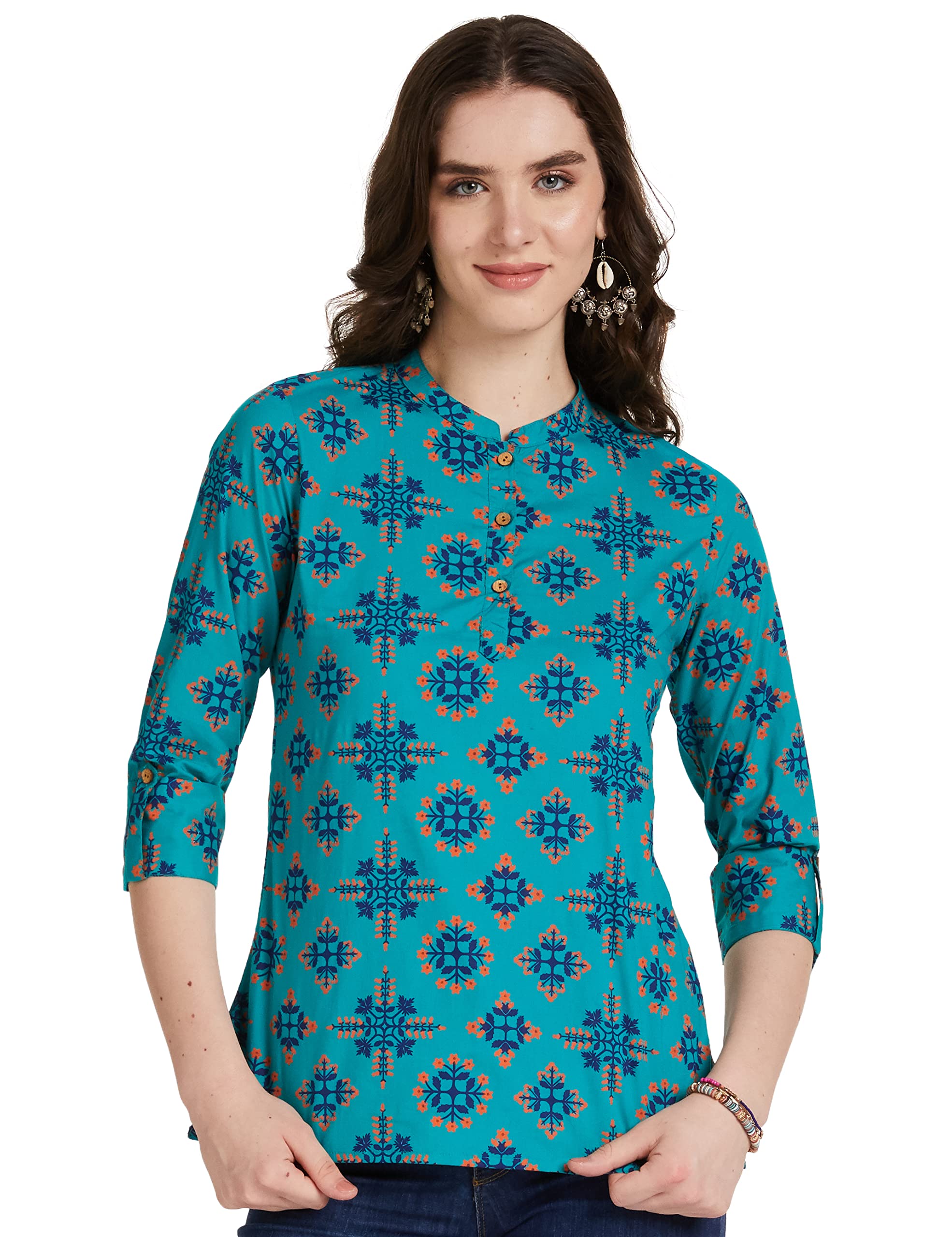 Amazon Brand - Myx Women Printed Regular Cotton Short Kurti (Available in Plus Sizes)
